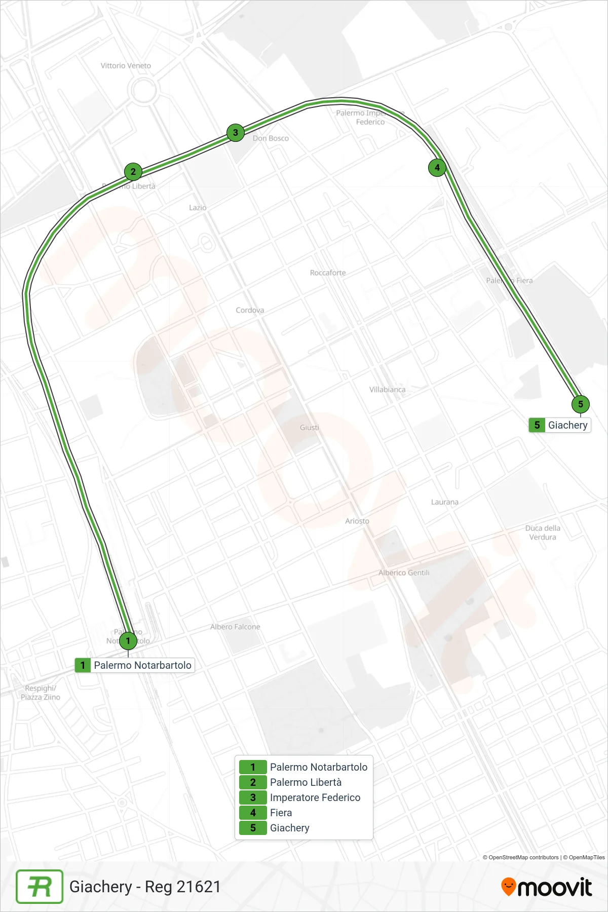 Linea REG treno (Giachery - Reg 21621) - Percorsi e fermate sulla mappa