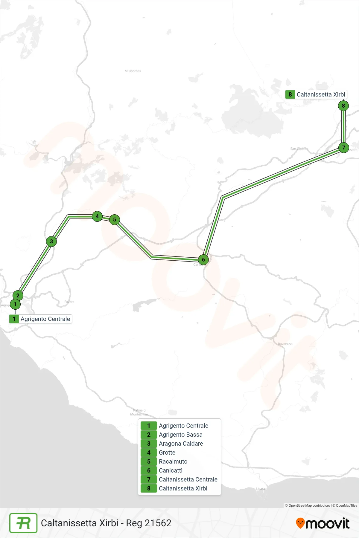 Linea REG  treno (Caltanissetta Xirbi - Reg 21562) - Percorsi e fermate sulla mappa