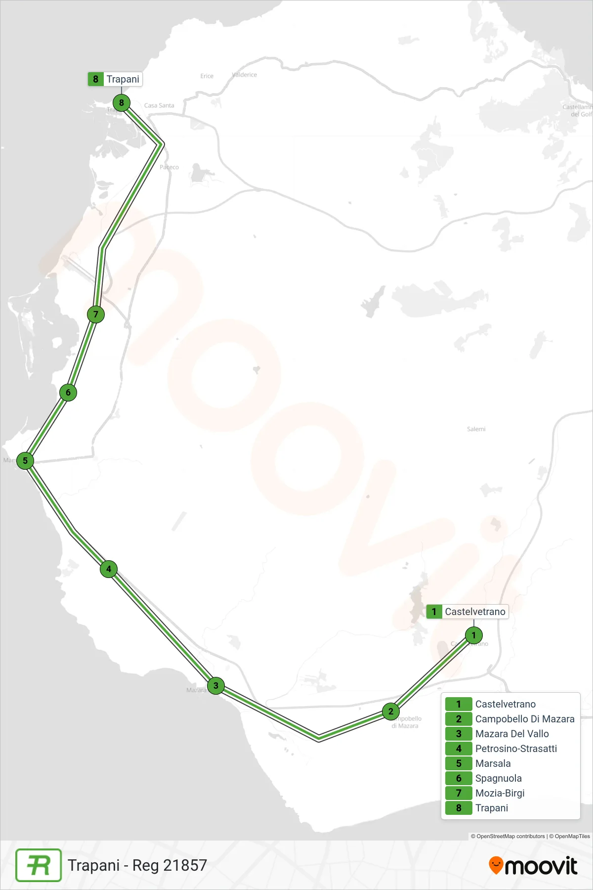 Linea REG treno (Trapani - Reg 21857) - Percorsi e fermate sulla mappa