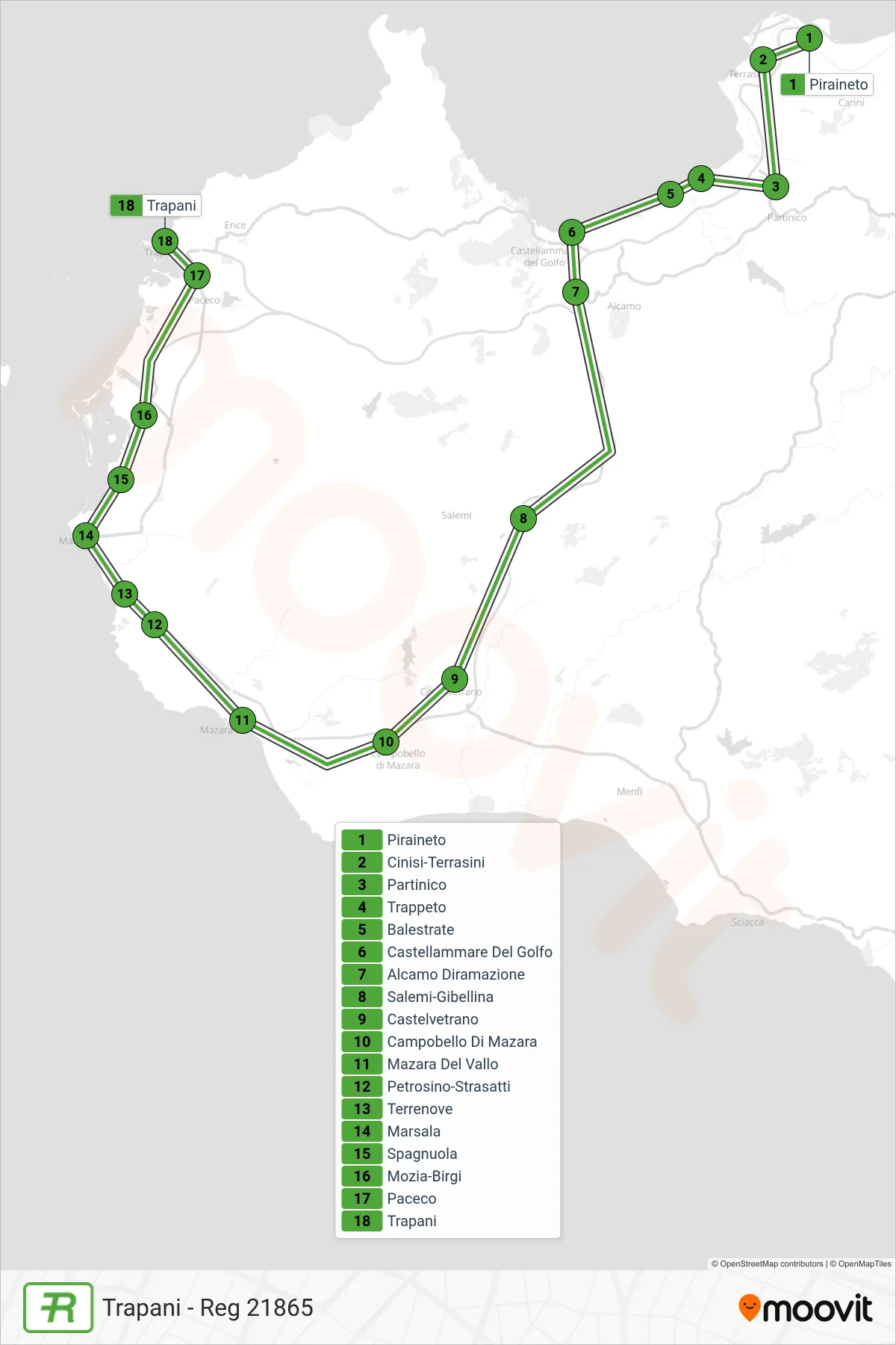 Linea REG treno (Trapani - Reg 21865) - Percorsi e fermate sulla mappa