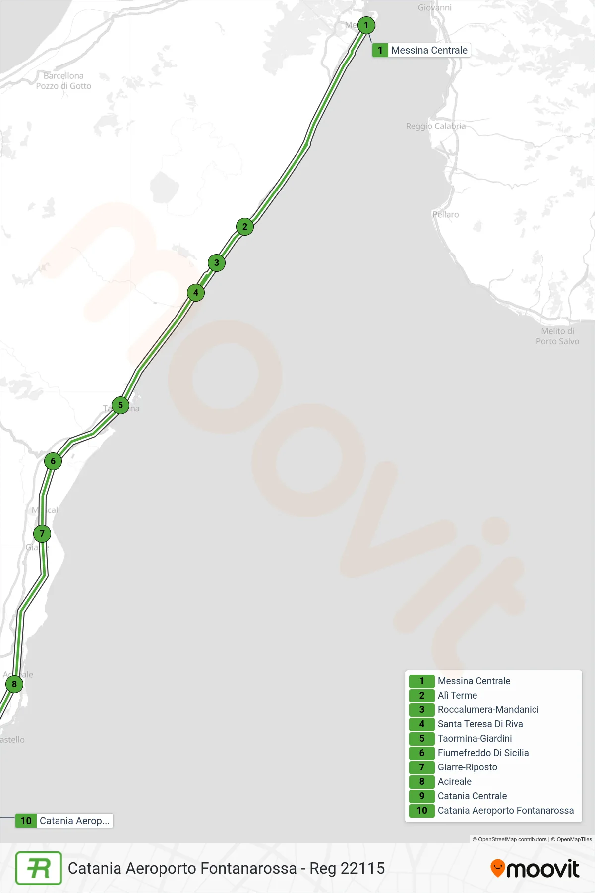 Linea REG  treno (Catania Aeroporto Fontanarossa - Reg 22115) - Percorsi e fermate sulla mappa
