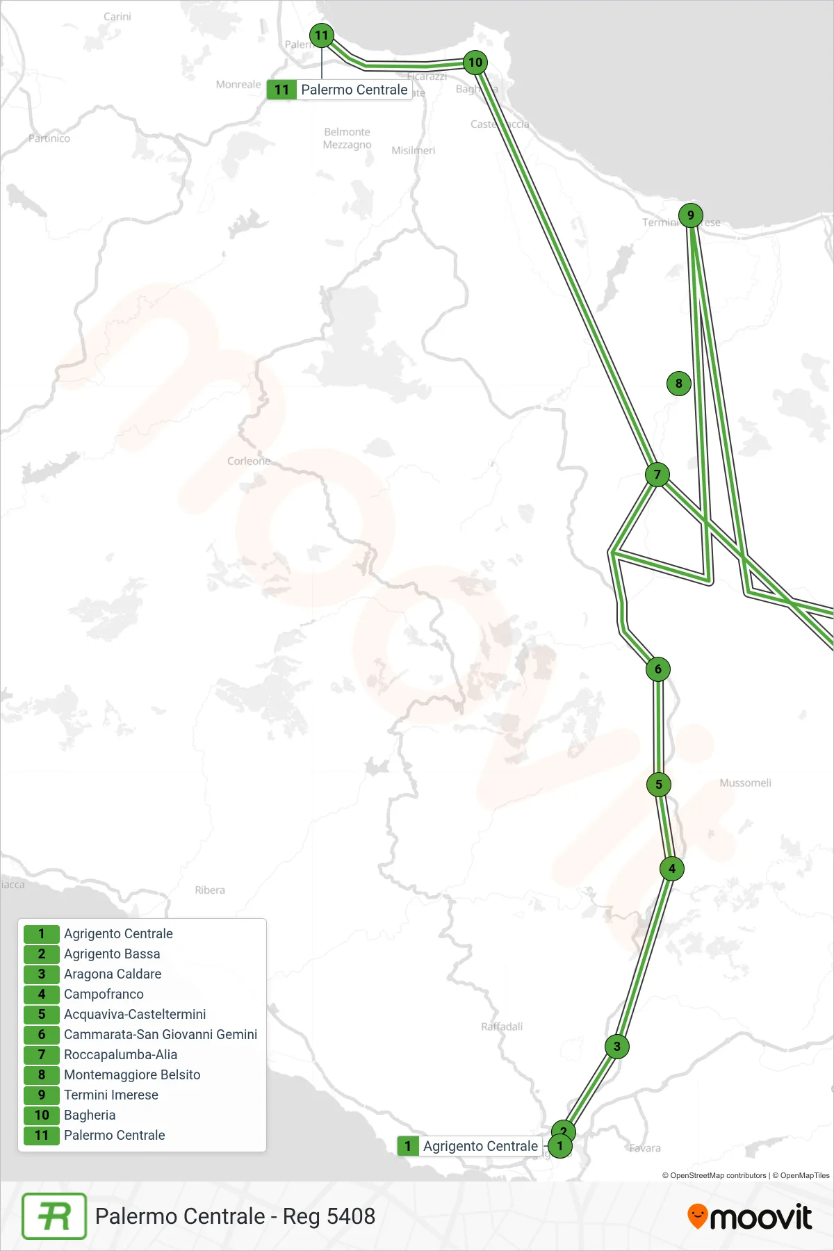 Linea REG  treno (Palermo Centrale - Reg 5408) - Percorsi e fermate sulla mappa
