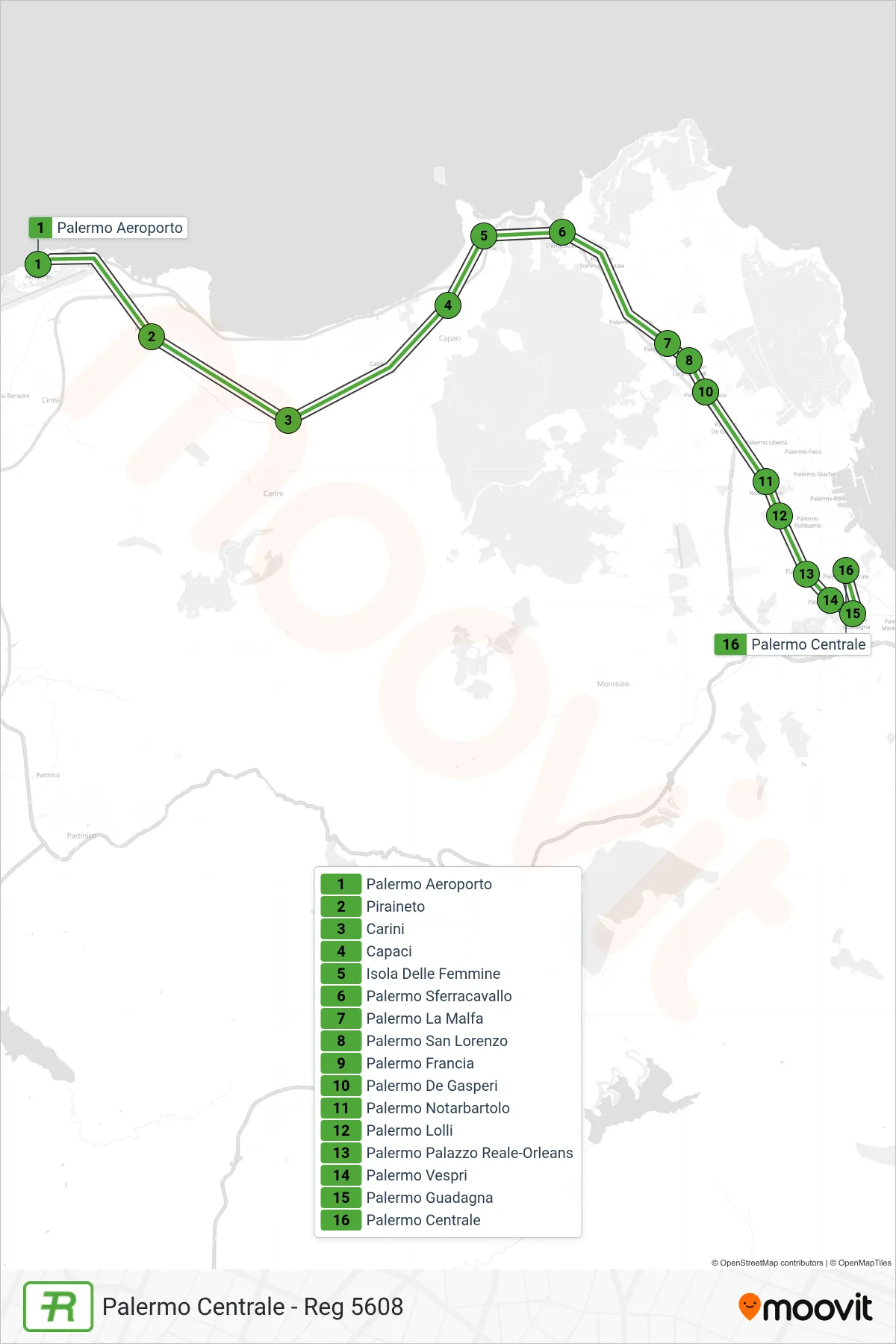 Linea REG  treno (Palermo Centrale - Reg 5608) - Percorsi e fermate sulla mappa