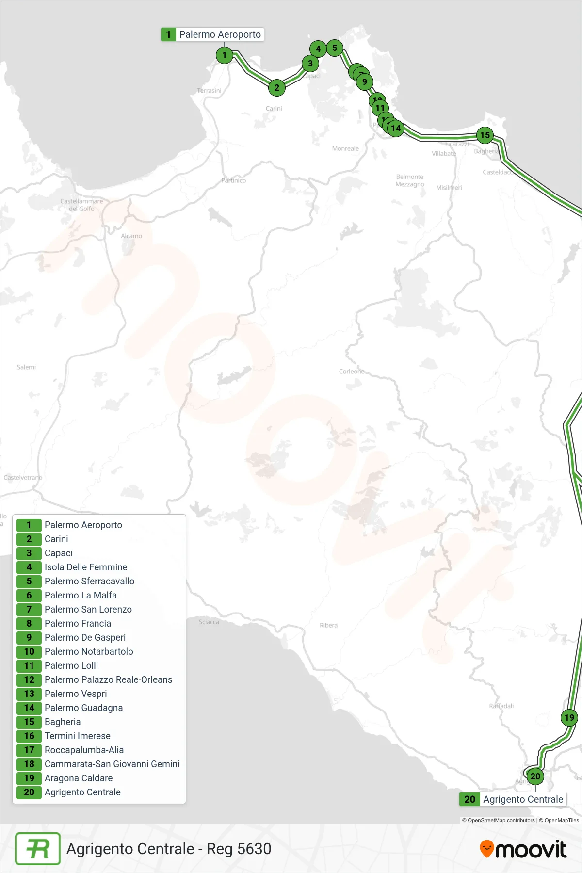 Linea REG treno (Agrigento Centrale - Reg 5630) - Percorsi e fermate sulla mappa