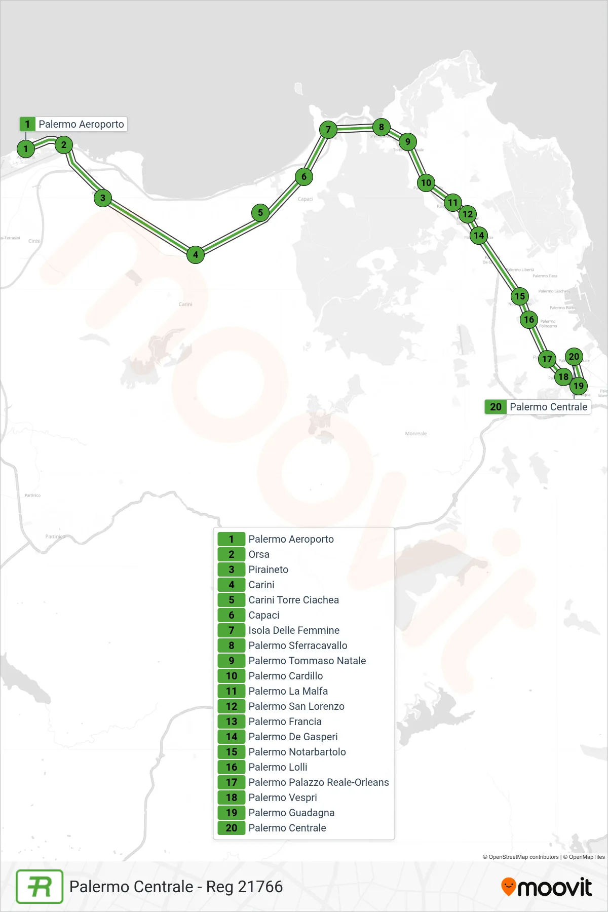 Linea REG treno (Palermo Centrale - Reg 21766) - Percorsi e fermate sulla mappa