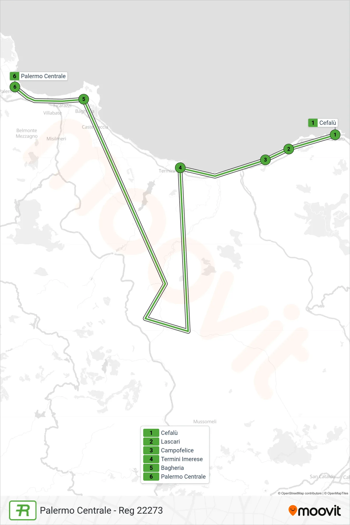 Linea REG treno (Palermo Centrale - Reg 22273) - Percorsi e fermate sulla mappa
