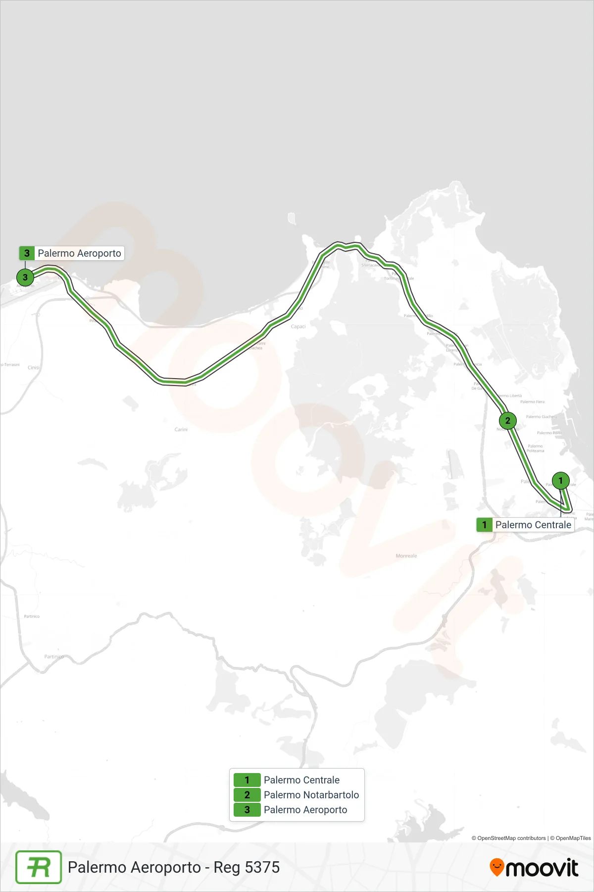 Linea REG  treno (Palermo Aeroporto - Reg 5375) - Percorsi e fermate sulla mappa