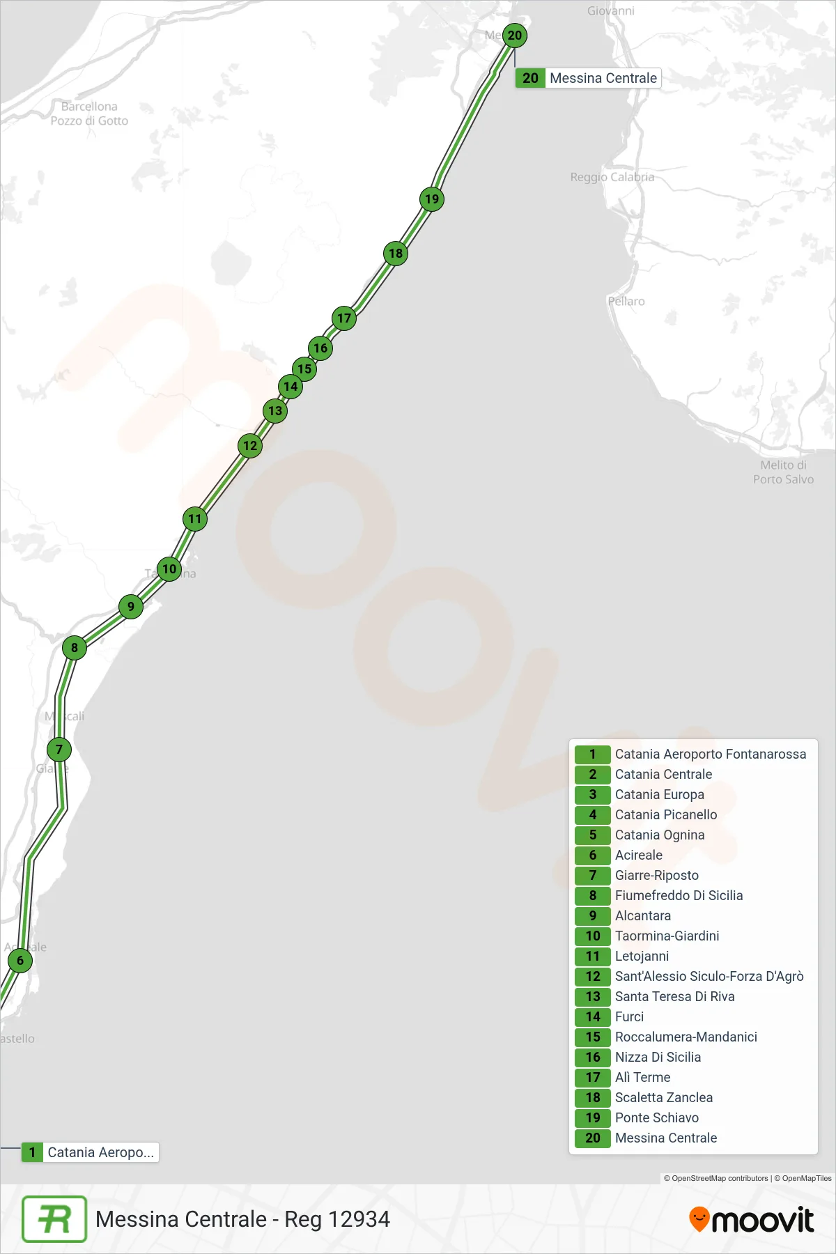 Linea REG treno (Messina Centrale - Reg 12934) - Percorsi e fermate sulla mappa