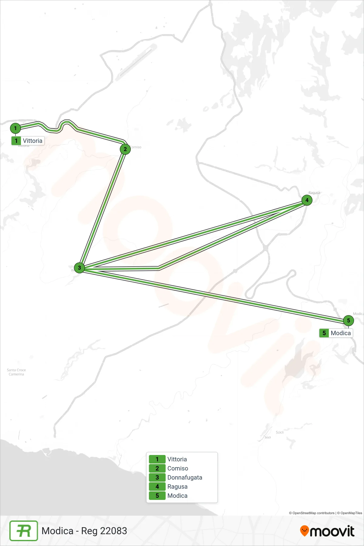 REG rail Line (Modica - Reg 22083) route and stops on a map