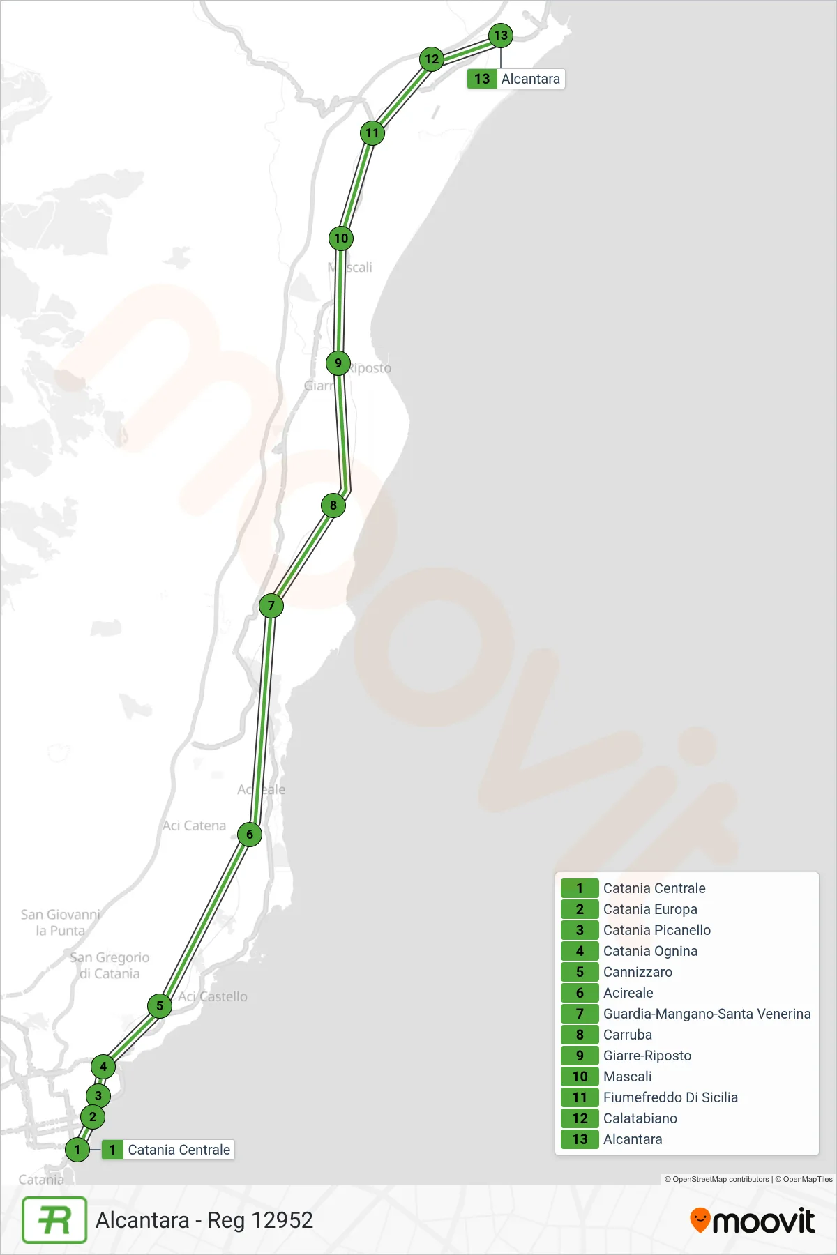 Linea REG  treno (Alcantara - Reg 12952) - Percorsi e fermate sulla mappa