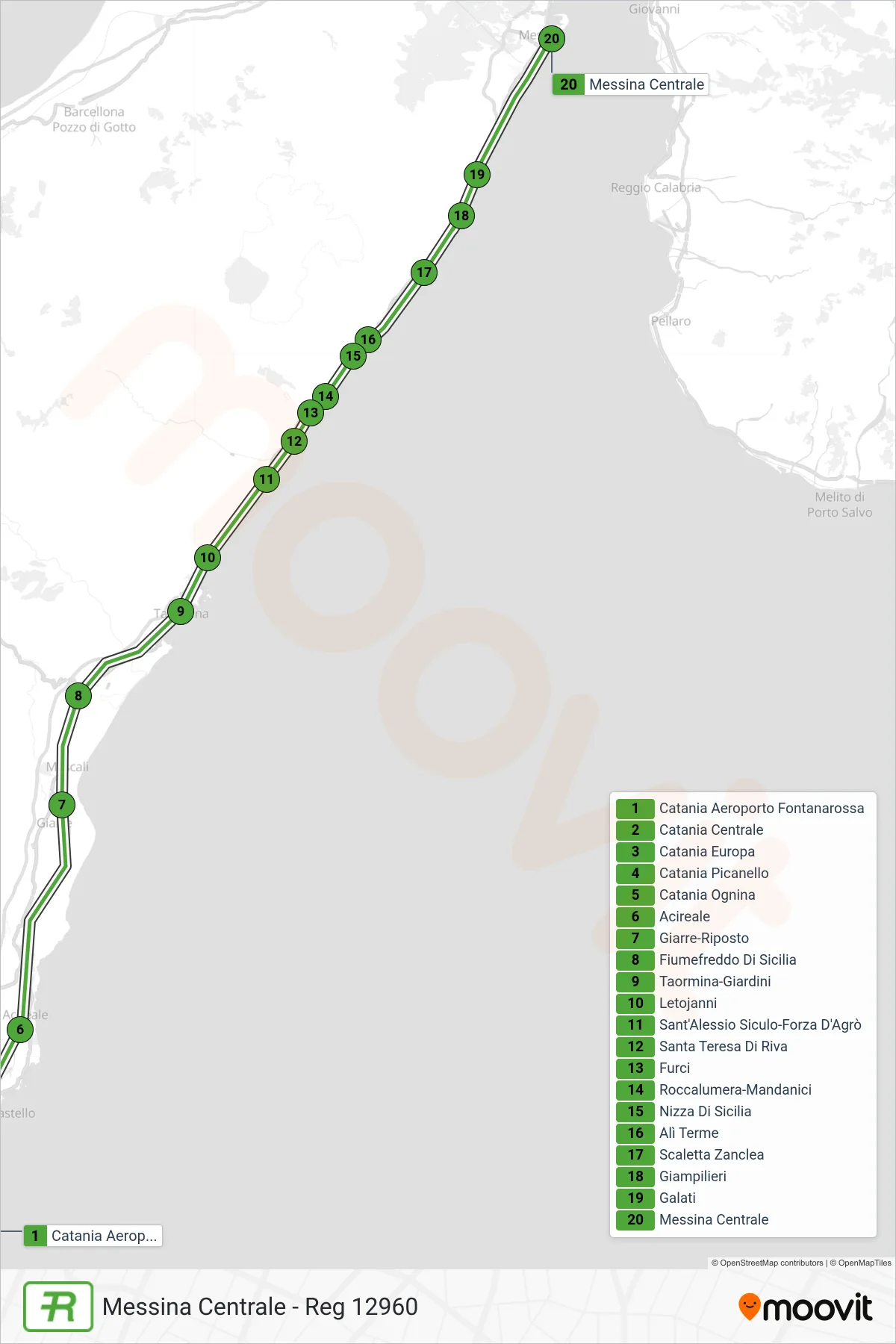 Linea REG  treno (Messina Centrale - Reg 12960) - Percorsi e fermate sulla mappa