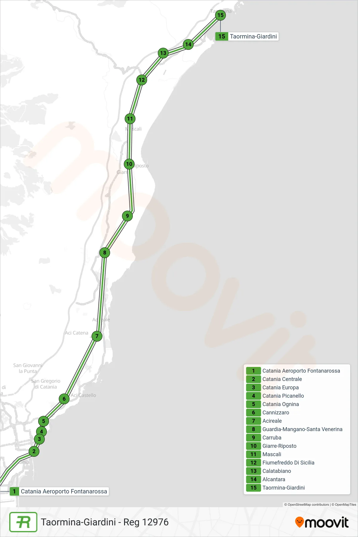 Linea REG  treno (Taormina-Giardini - Reg 12976) - Percorsi e fermate sulla mappa