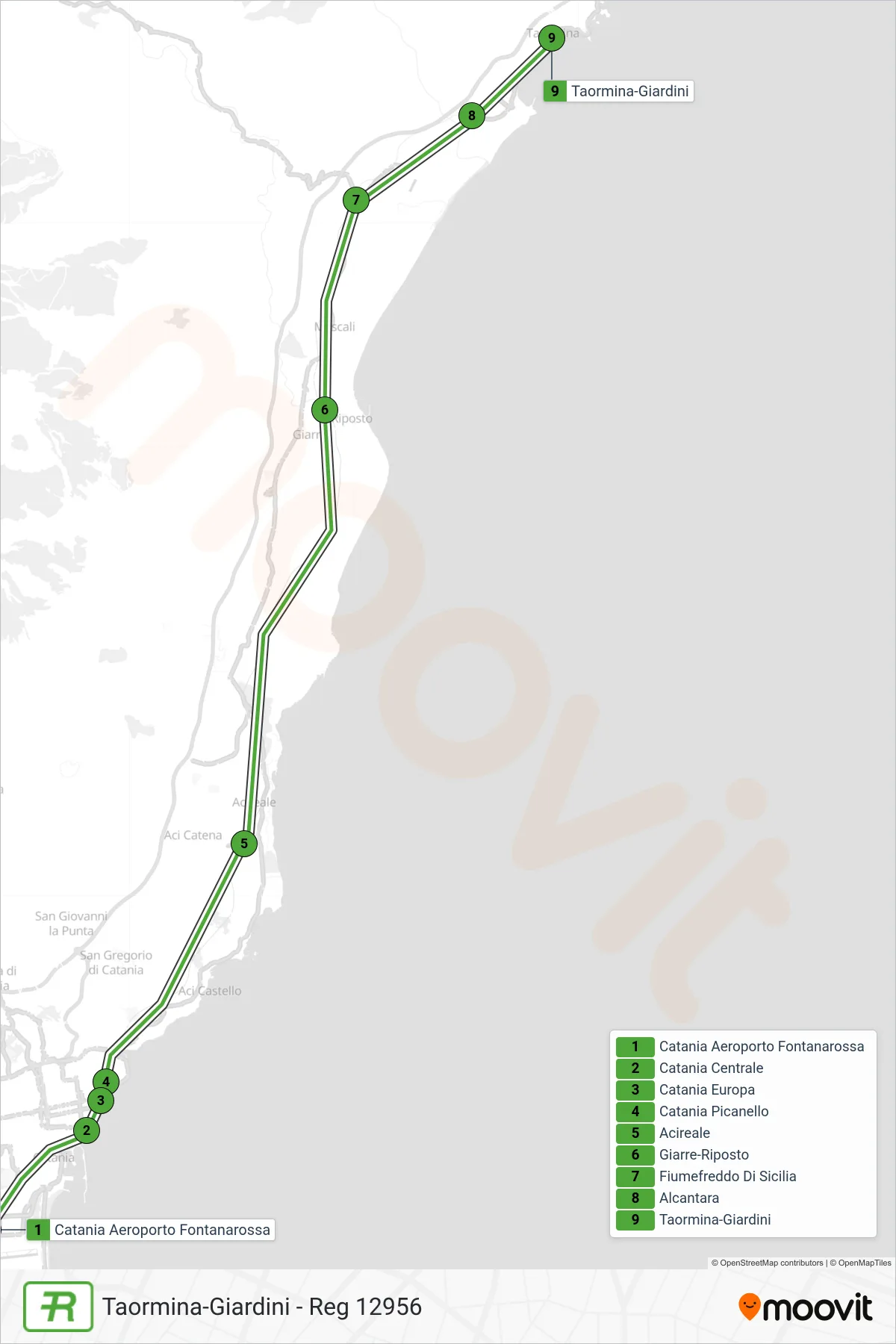 Linea REG treno (Taormina-Giardini - Reg 12956) - Percorsi e fermate sulla mappa