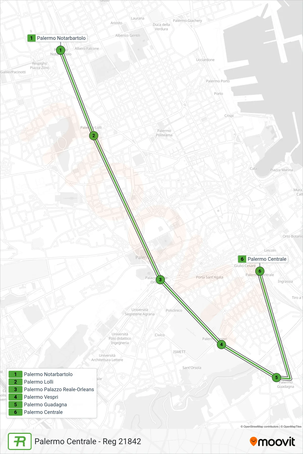 Linea REG  treno (Palermo Centrale - Reg 21842) - Percorsi e fermate sulla mappa