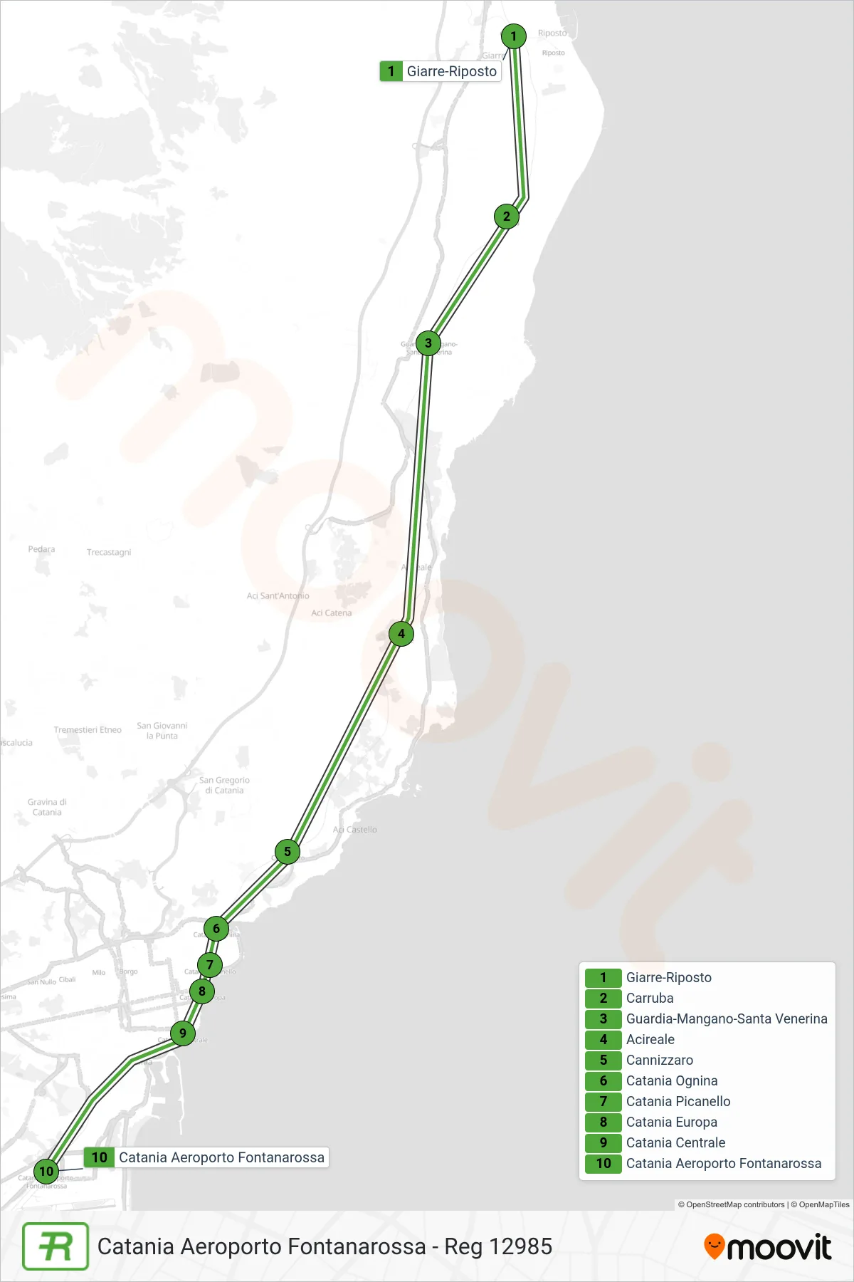 Linea REG treno (Catania Aeroporto Fontanarossa - Reg 12985) - Percorsi e fermate sulla mappa