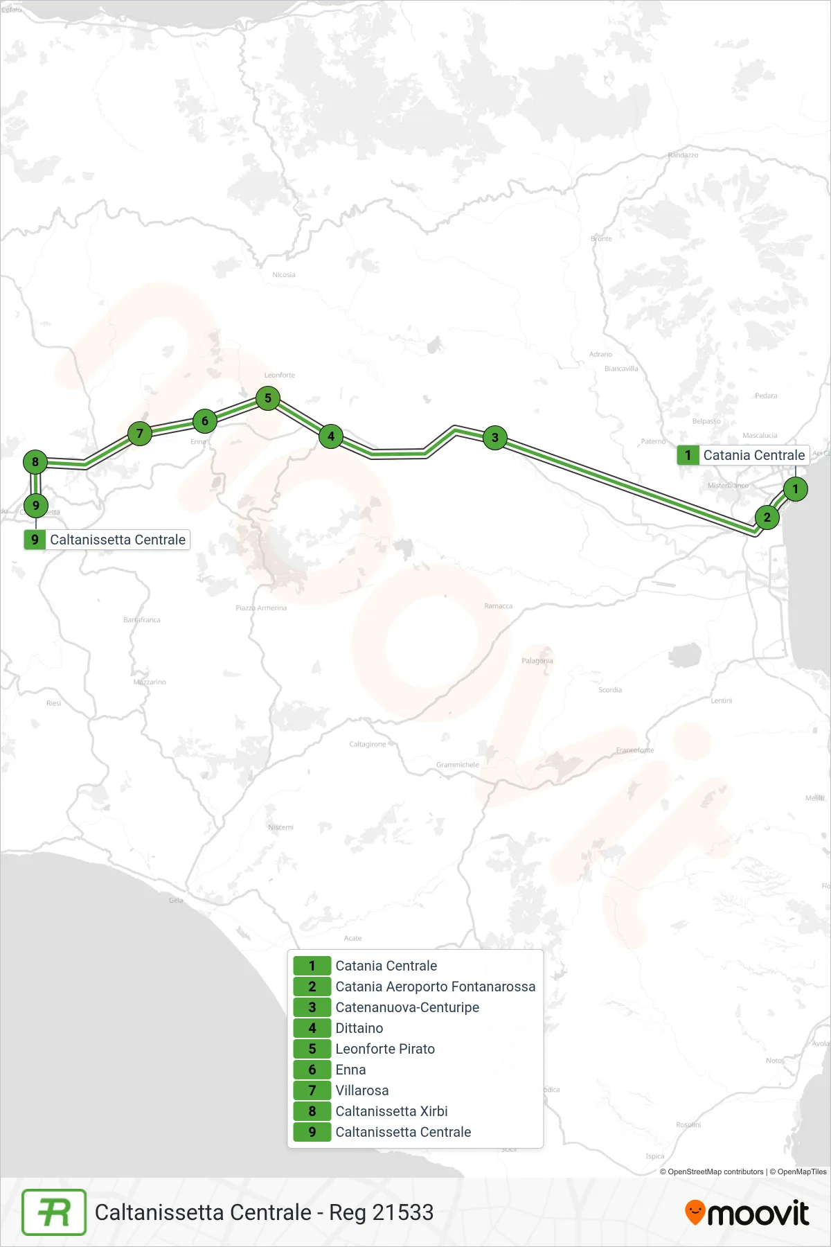 Linea REG treno (Caltanissetta Centrale - Reg 21533) - Percorsi e fermate sulla mappa