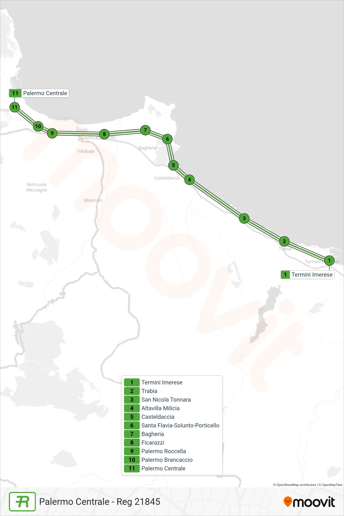 Linea REG  treno (Palermo Centrale - Reg 21845) - Percorsi e fermate sulla mappa