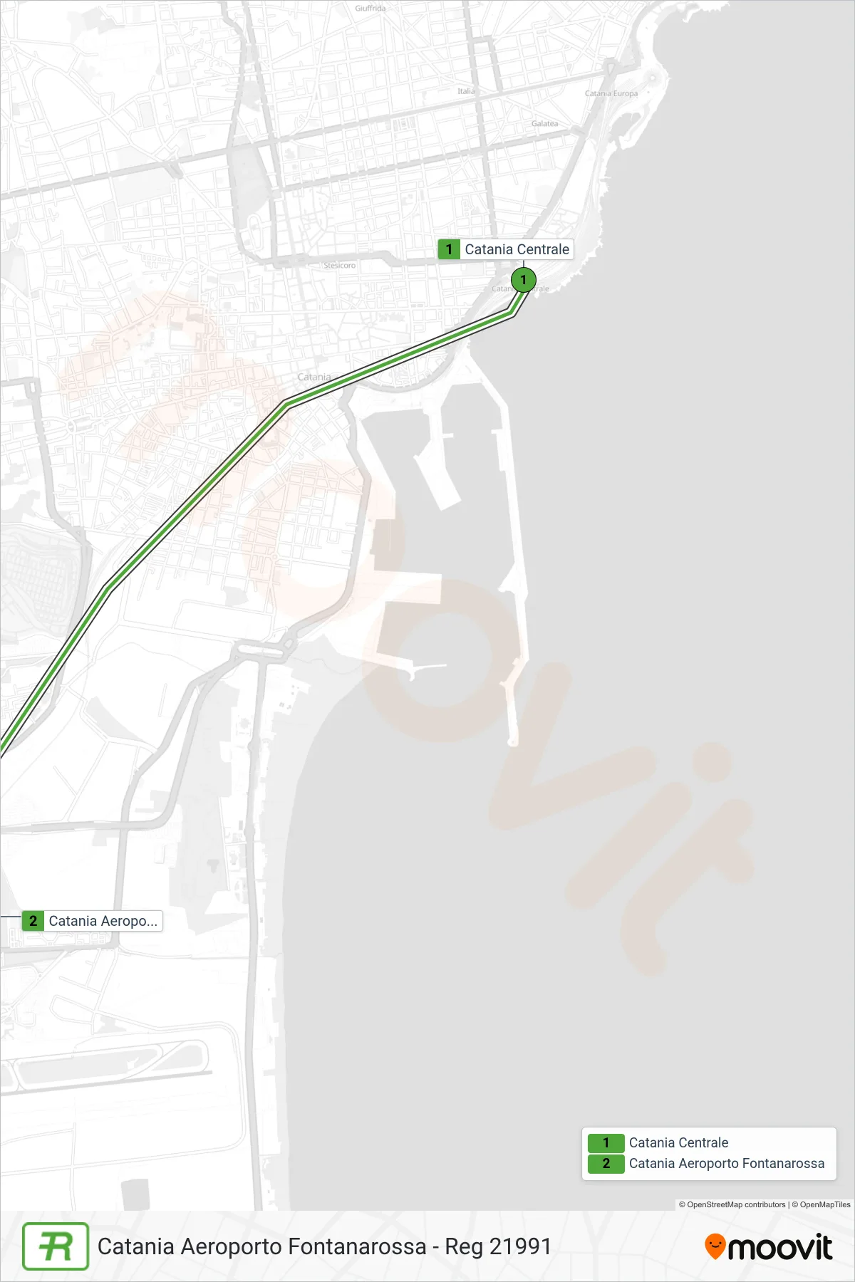 Linea REG treno (Catania Aeroporto Fontanarossa - Reg 21991) - Percorsi e fermate sulla mappa