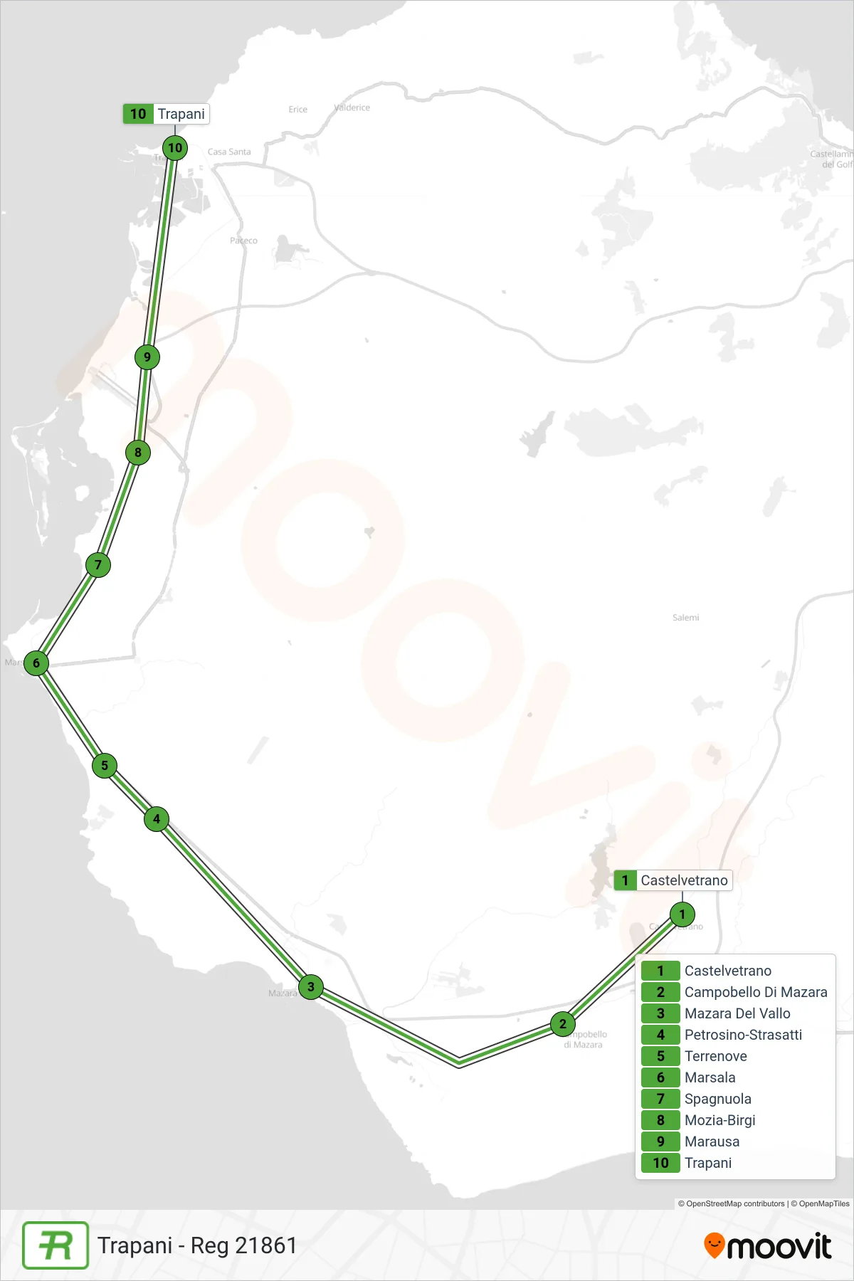 Linea REG treno (Trapani - Reg 21861) - Percorsi e fermate sulla mappa