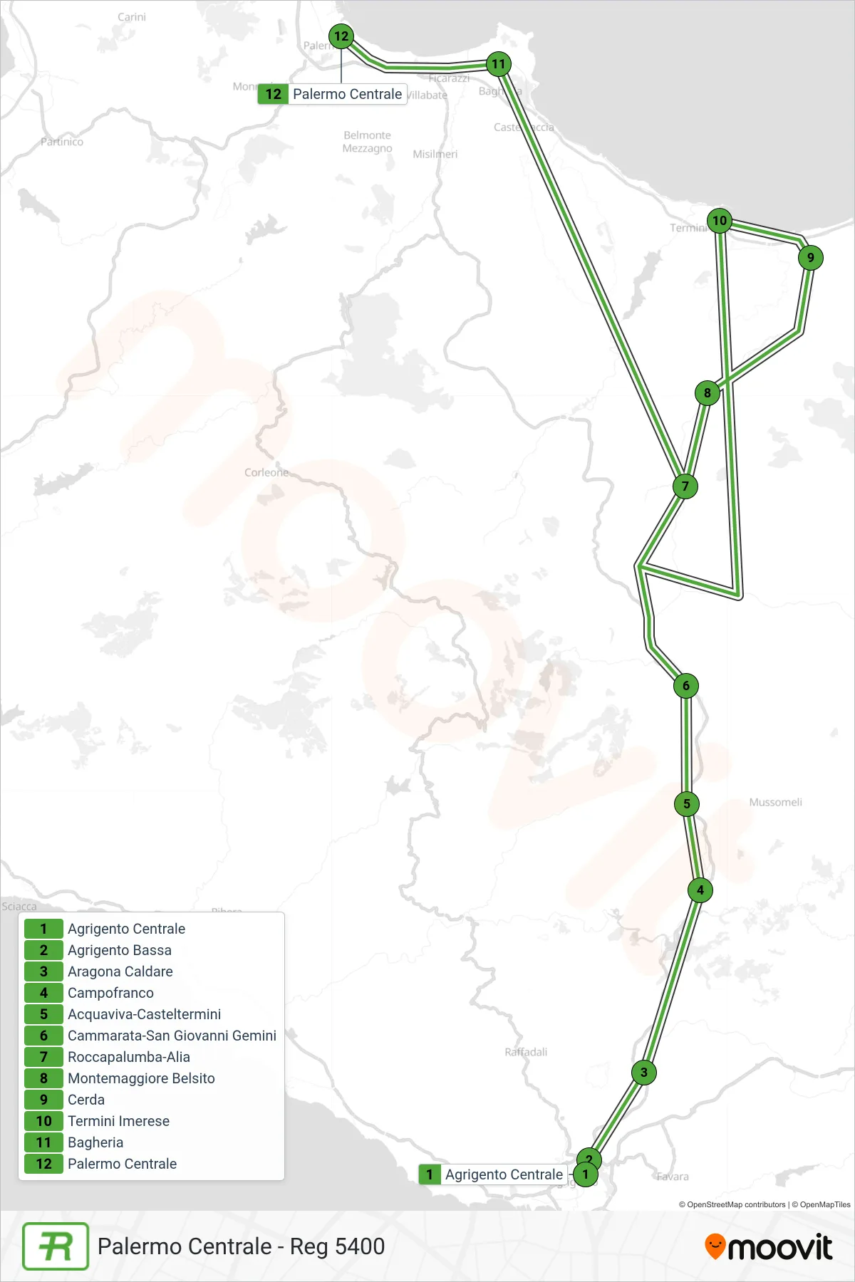 Linea REG treno (Palermo Centrale - Reg 5400) - Percorsi e fermate sulla mappa