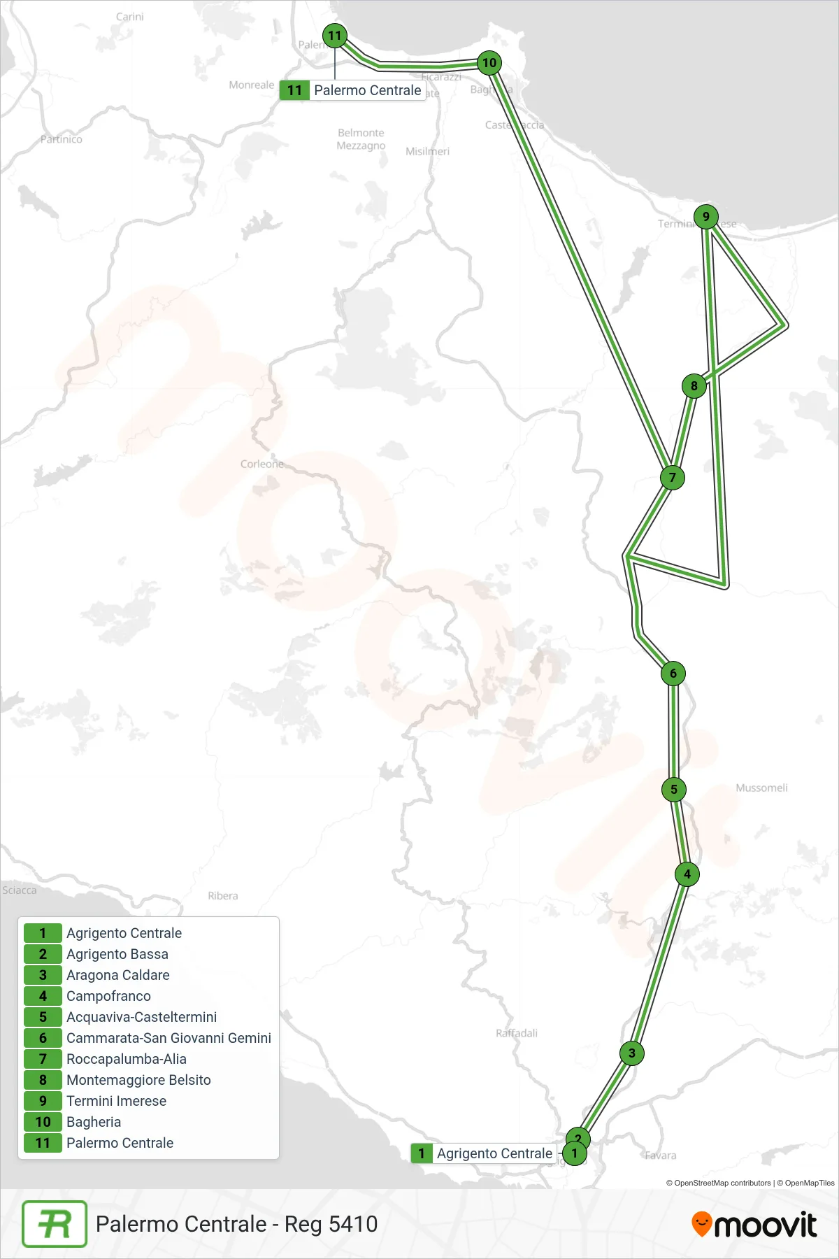 Linea REG  treno (Palermo Centrale - Reg 5410) - Percorsi e fermate sulla mappa