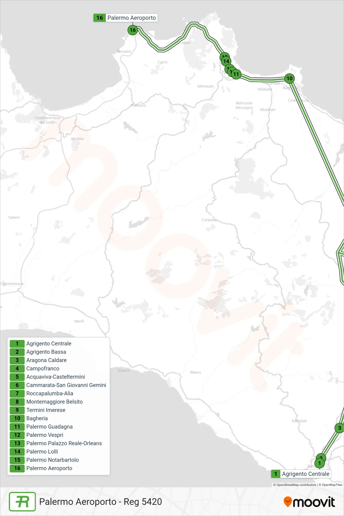 Linea REG  treno (Palermo Aeroporto - Reg 5420) - Percorsi e fermate sulla mappa