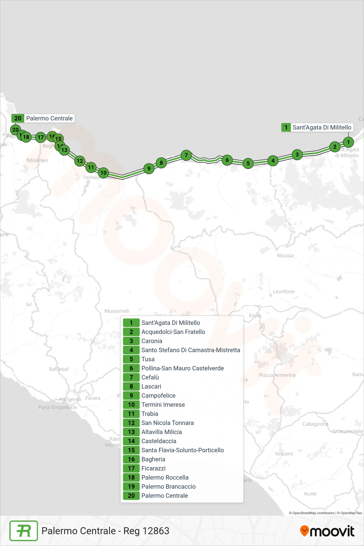 Linea REG  treno (Palermo Centrale - Reg 12863) - Percorsi e fermate sulla mappa