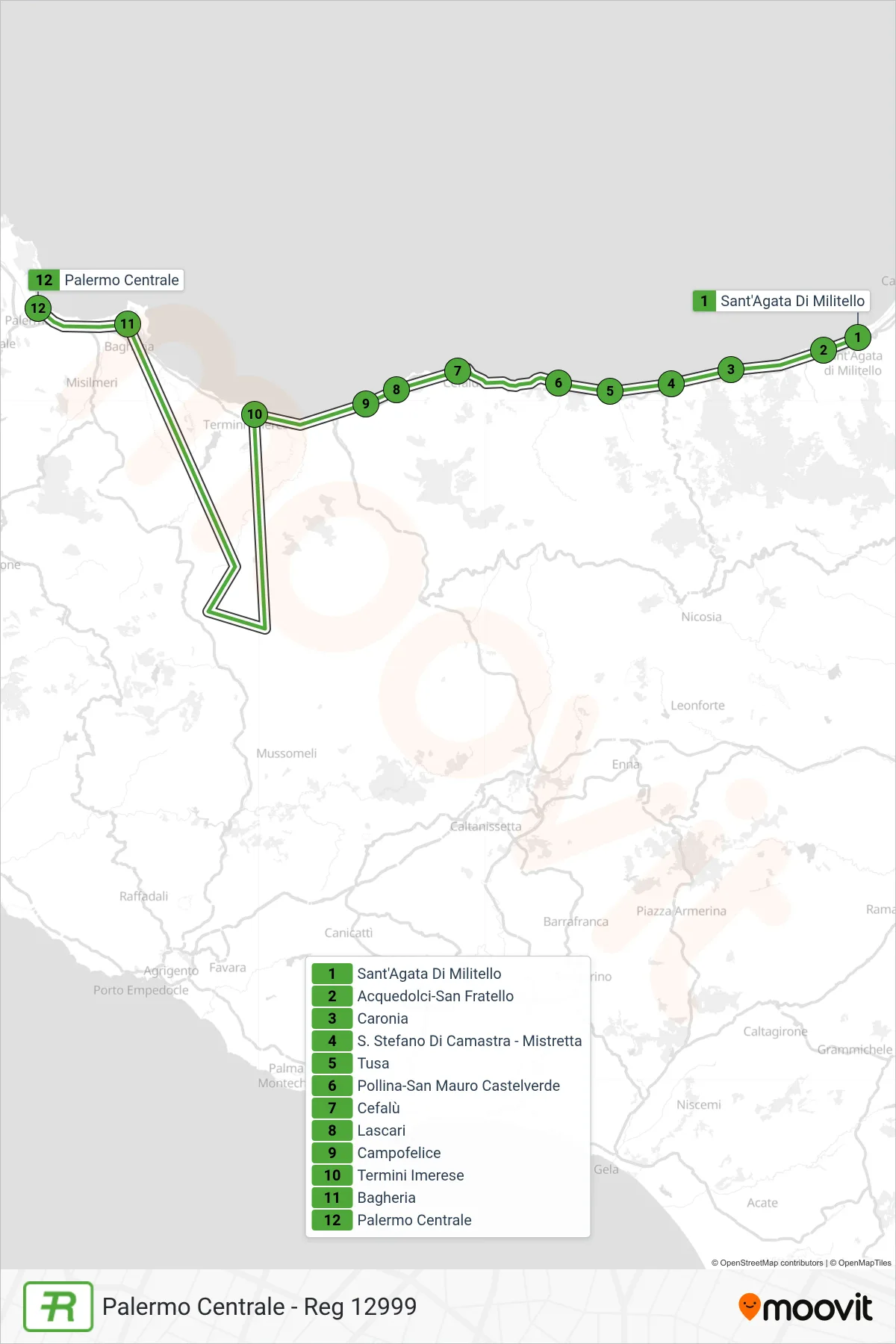 Linea REG treno (Palermo Centrale - Reg 12999) - Percorsi e fermate sulla mappa