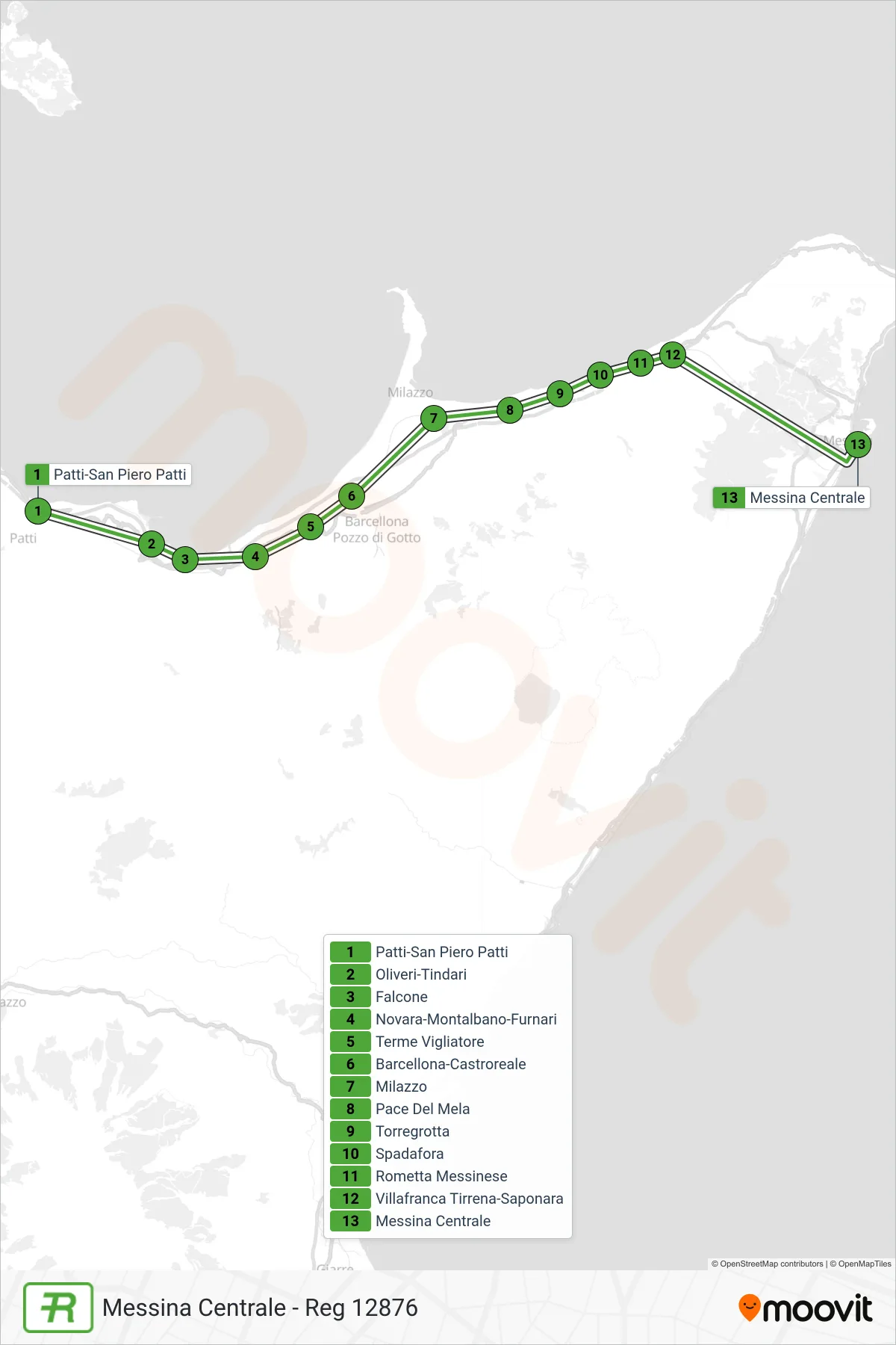Linea REG treno (Messina Centrale - Reg 12876) - Percorsi e fermate sulla mappa