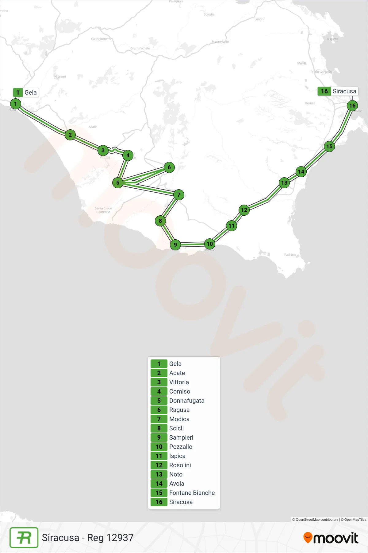 Linea REG treno (Siracusa - Reg 12937) - Percorsi e fermate sulla mappa