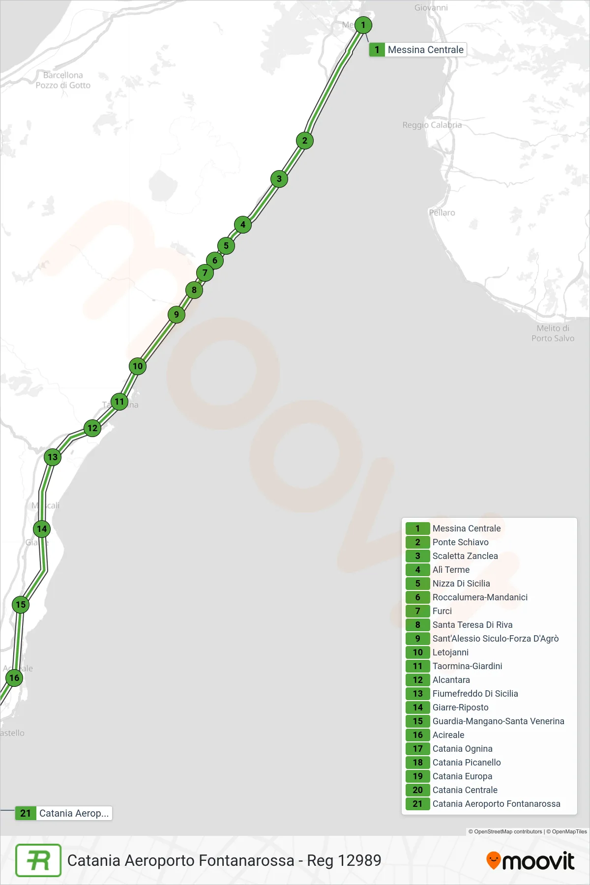 Linea REG treno (Catania Aeroporto Fontanarossa - Reg 12989) - Percorsi e fermate sulla mappa