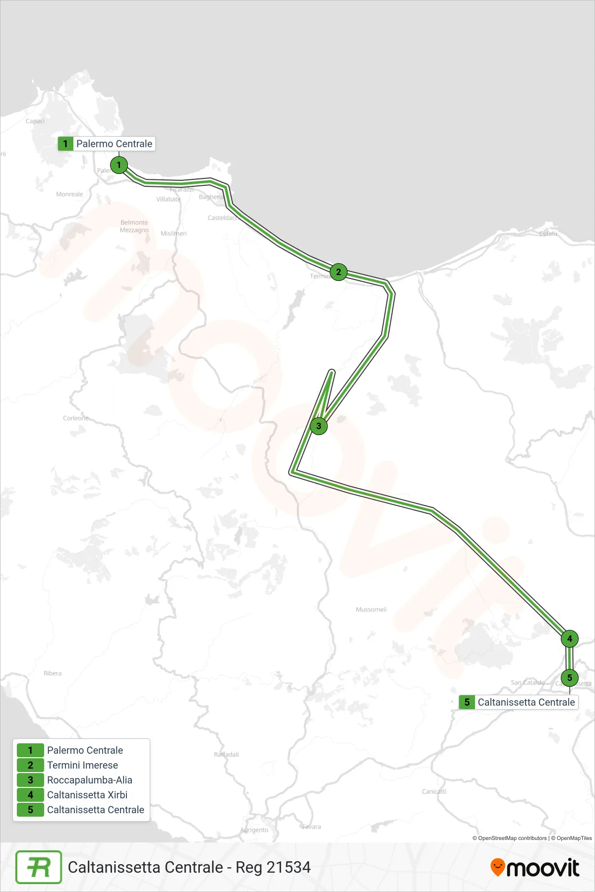 Linea REG  treno (Caltanissetta Centrale - Reg 21534) - Percorsi e fermate sulla mappa