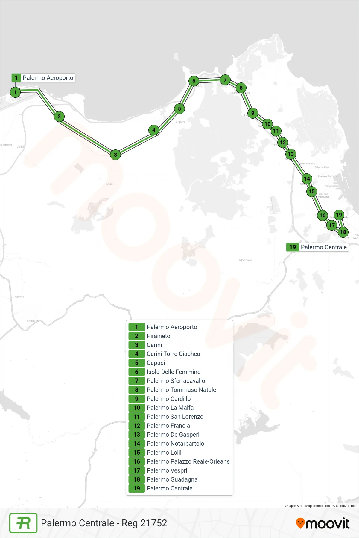 Linea REG  treno (Palermo Centrale - Reg 21752) - Percorsi e fermate sulla mappa