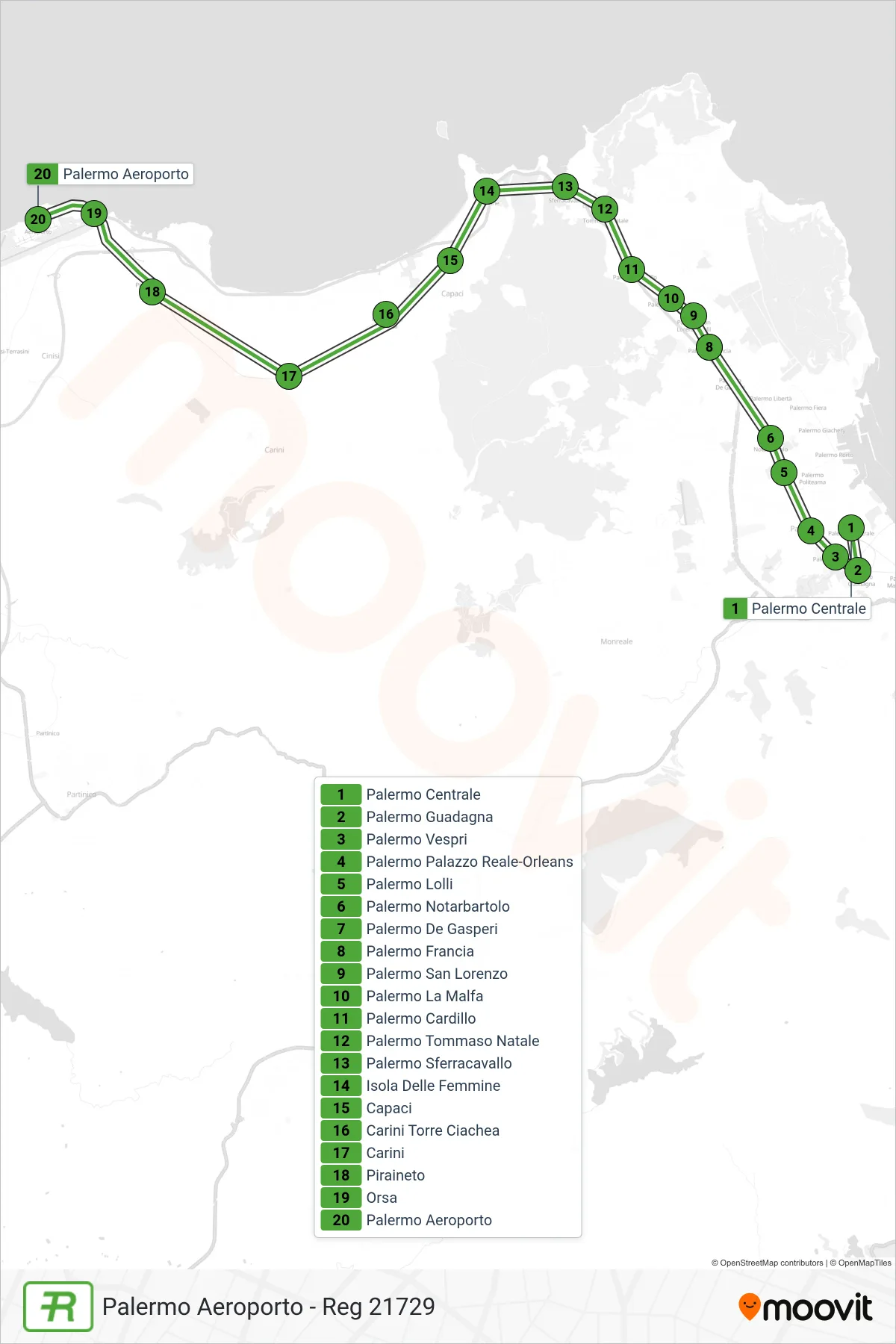 Linea REG treno (Palermo Aeroporto - Reg 21729) - Percorsi e fermate sulla mappa