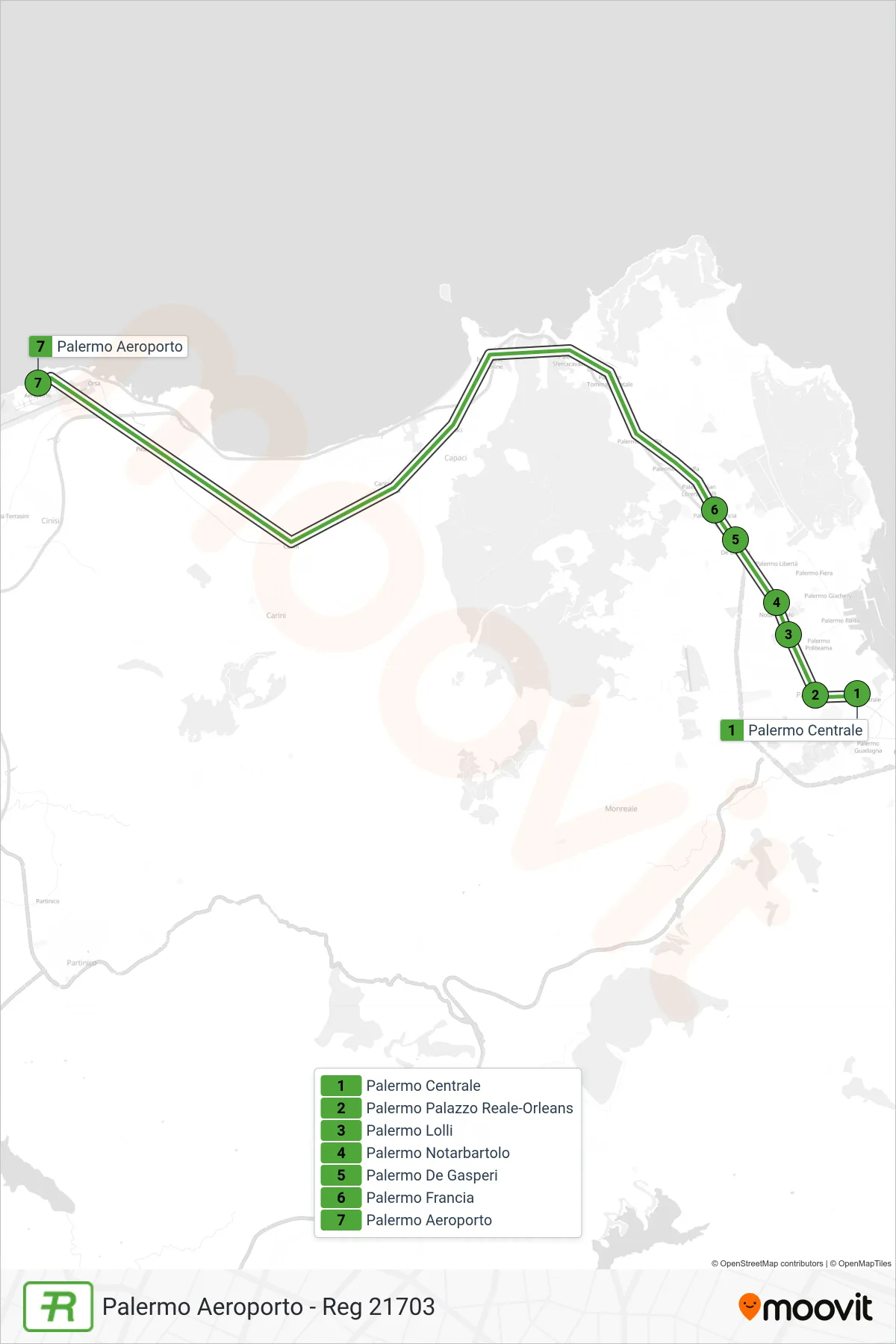 Linea REG treno (Palermo Aeroporto - Reg 21703) - Percorsi e fermate sulla mappa