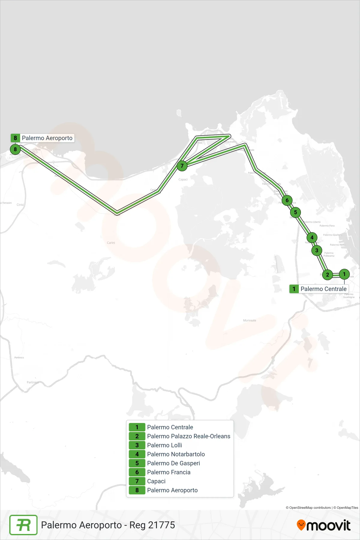 Linea REG treno (Palermo Aeroporto - Reg 21775) - Percorsi e fermate sulla mappa