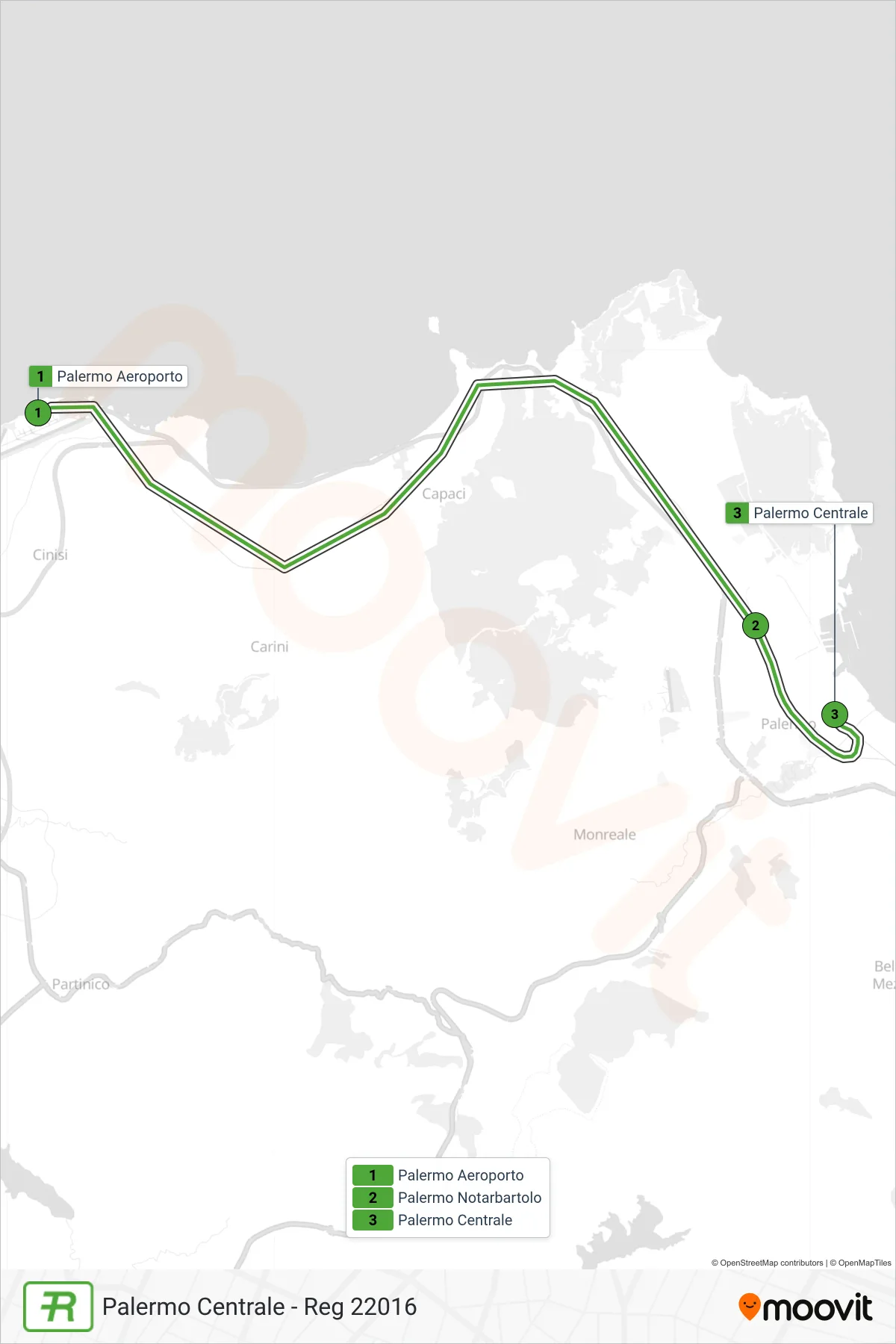 Linea REG treno (Palermo Centrale - Reg 22016) - Percorsi e fermate sulla mappa