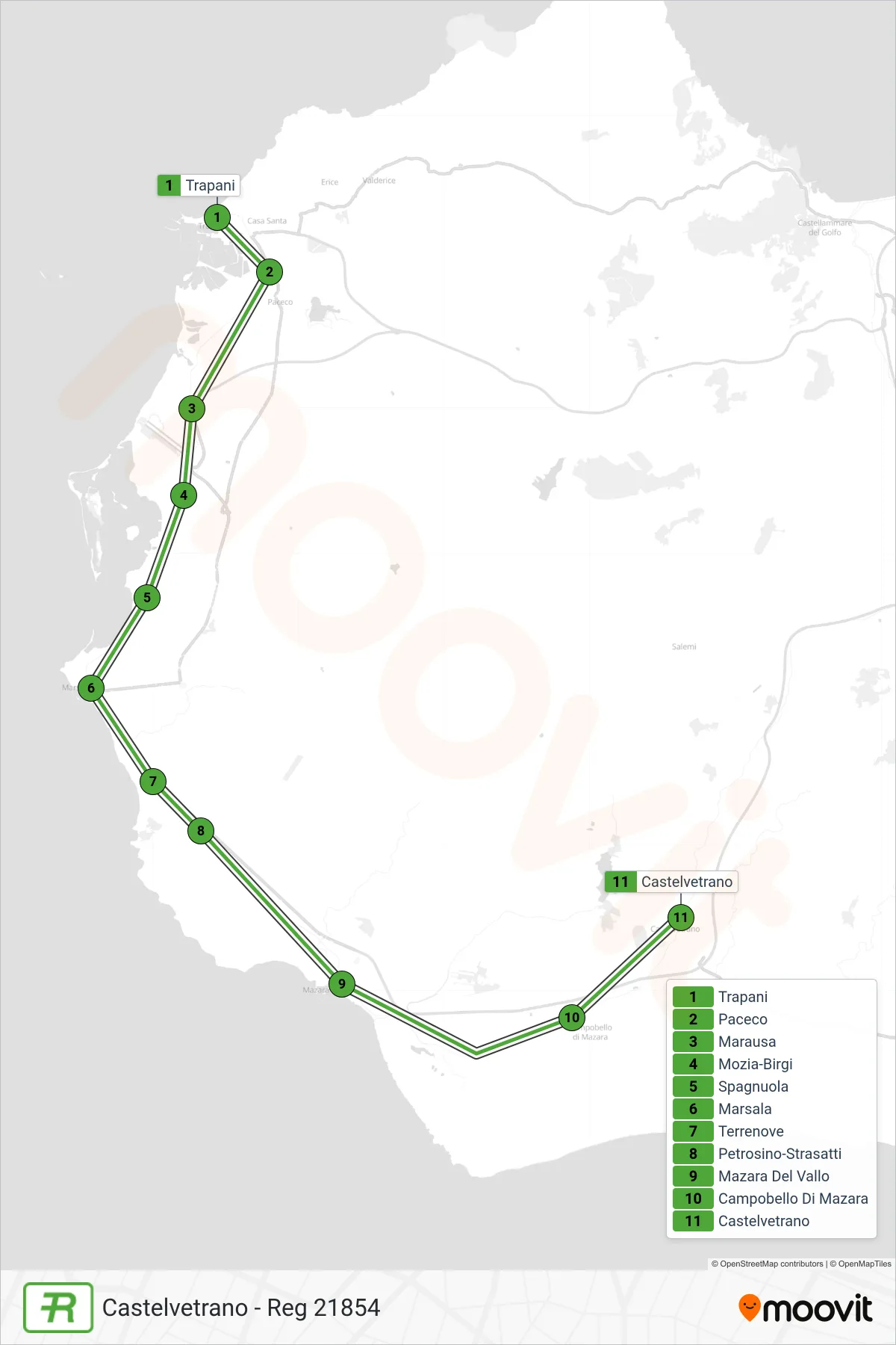 Linea REG  treno (Castelvetrano - Reg 21854) - Percorsi e fermate sulla mappa