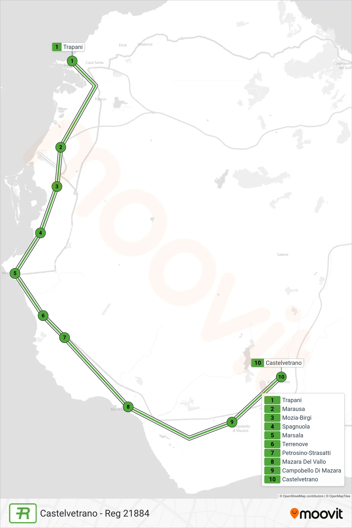 Linea REG  treno (Castelvetrano - Reg 21884) - Percorsi e fermate sulla mappa