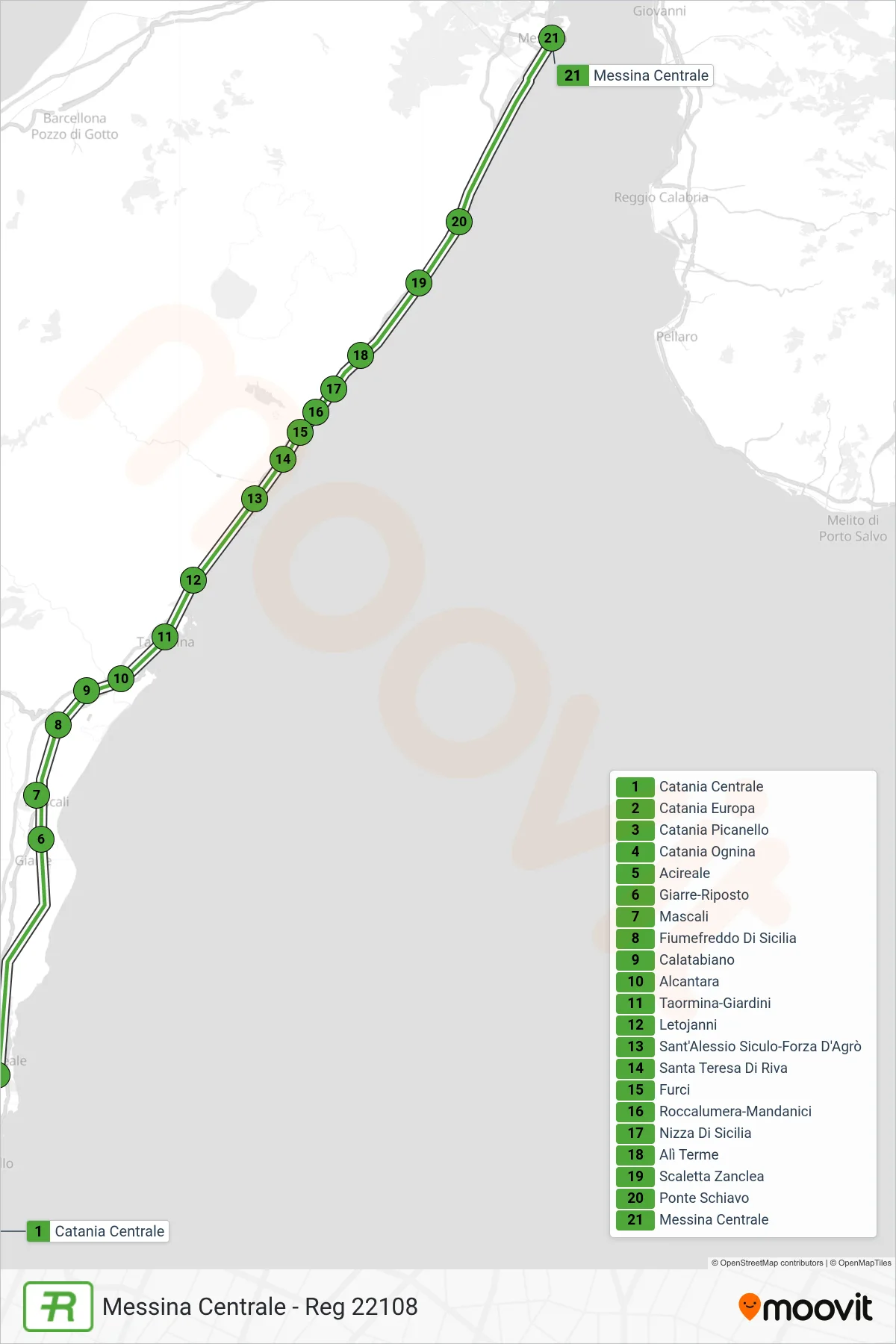 Linea REG treno (Messina Centrale - Reg 22108) - Percorsi e fermate sulla mappa