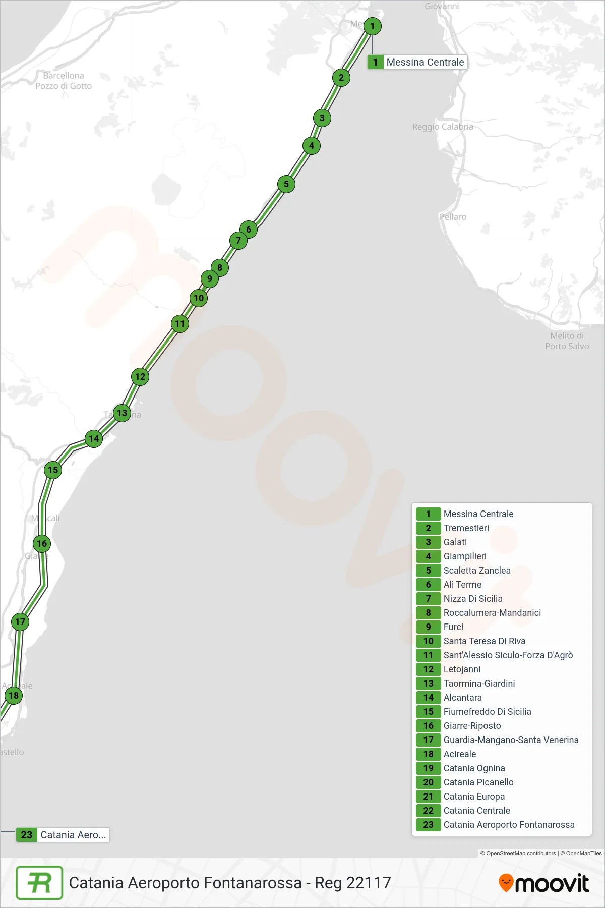 Linea REG treno (Catania Aeroporto Fontanarossa - Reg 22117) - Percorsi e fermate sulla mappa