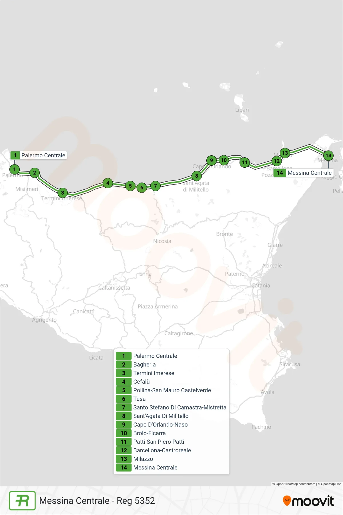 Linea REG treno (Messina Centrale - Reg 5352) - Percorsi e fermate sulla mappa