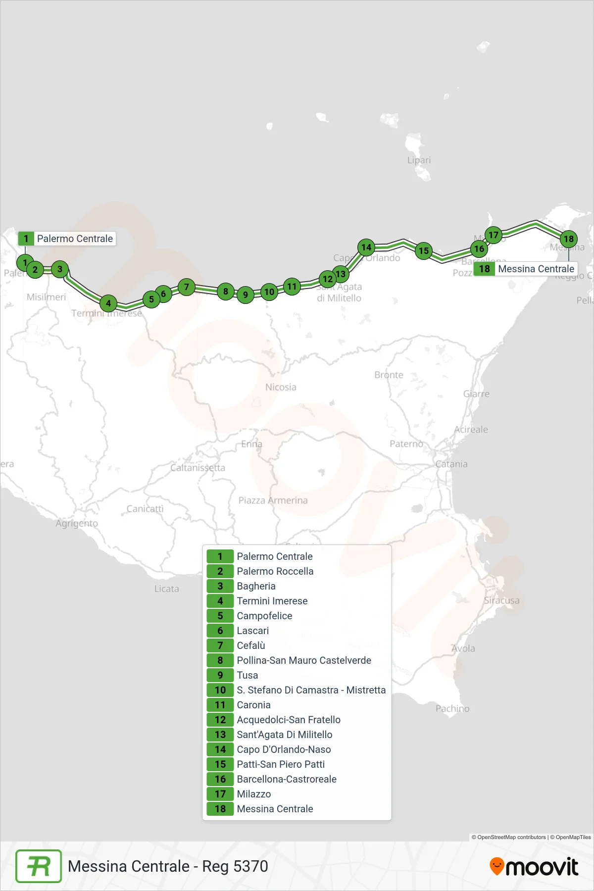 Linea REG treno (Messina Centrale - Reg 5370) - Percorsi e fermate sulla mappa