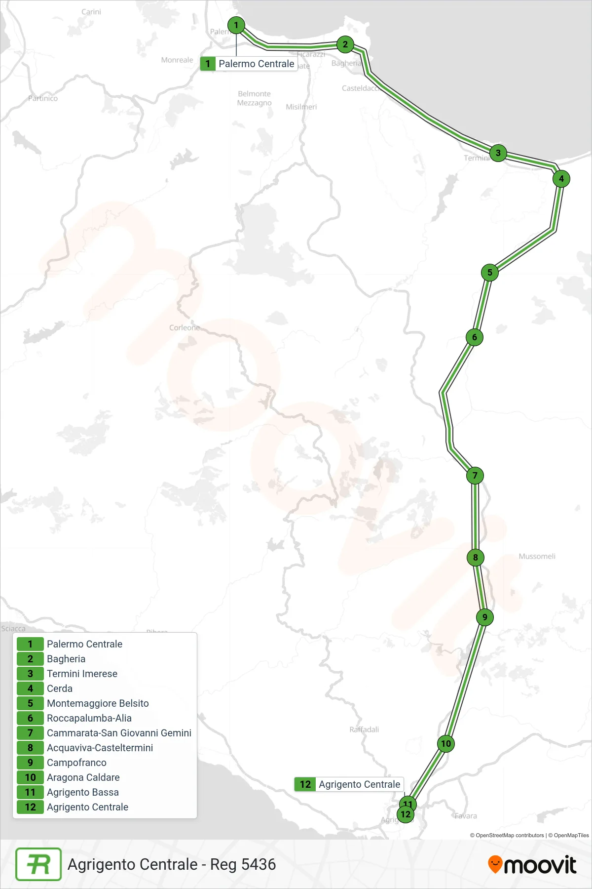 Linea REG treno (Agrigento Centrale - Reg 5436) - Percorsi e fermate sulla mappa