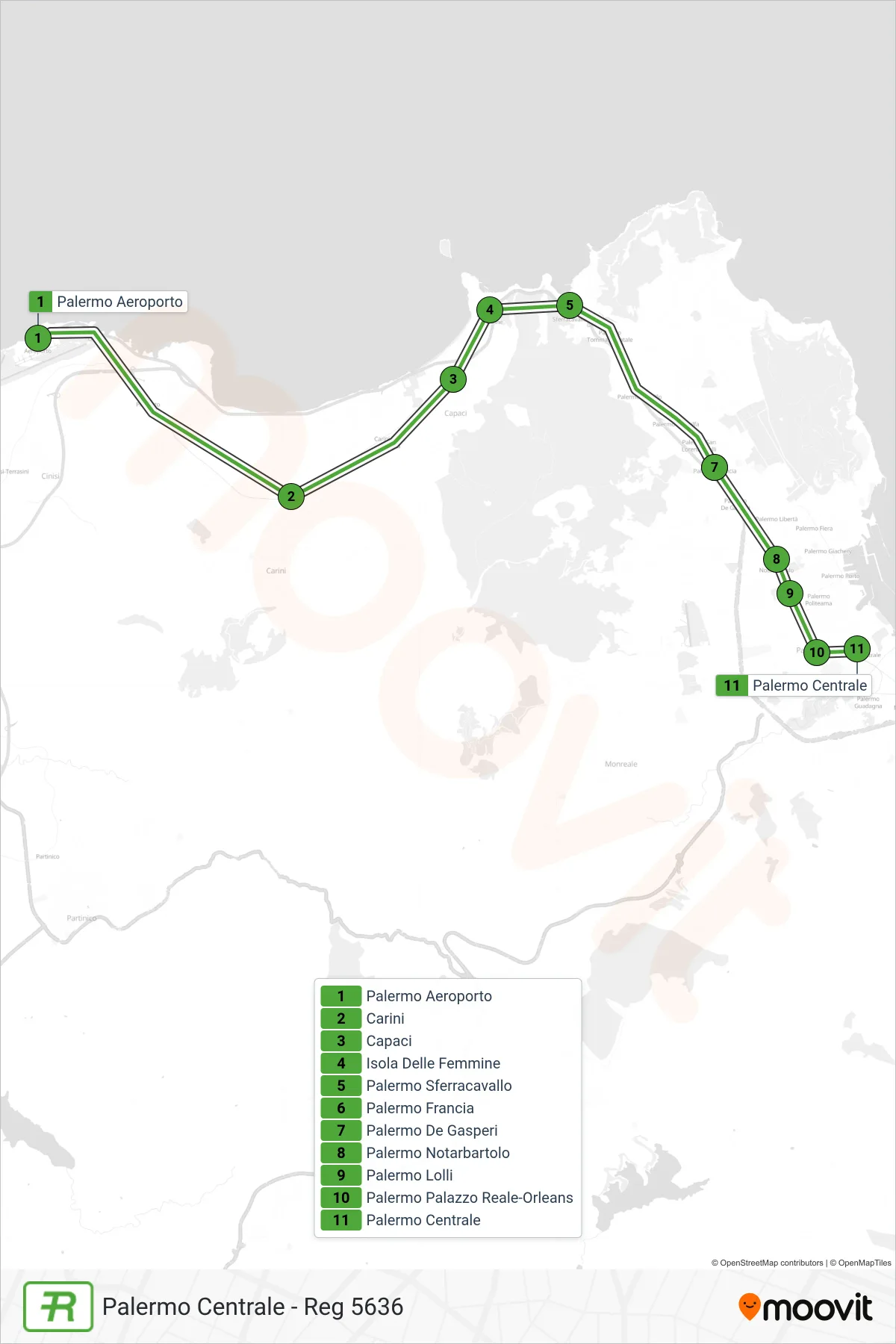 Linea REG  treno (Palermo Centrale - Reg 5636) - Percorsi e fermate sulla mappa