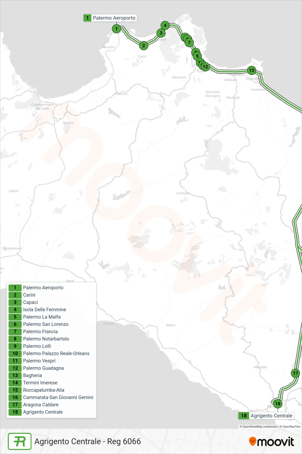 Linea REG  treno (Agrigento Centrale - Reg 6066) - Percorsi e fermate sulla mappa