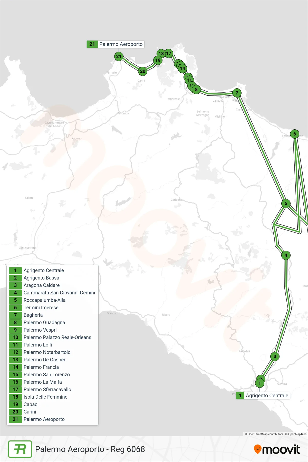 Linea REG  treno (Palermo Aeroporto - Reg 6068) - Percorsi e fermate sulla mappa