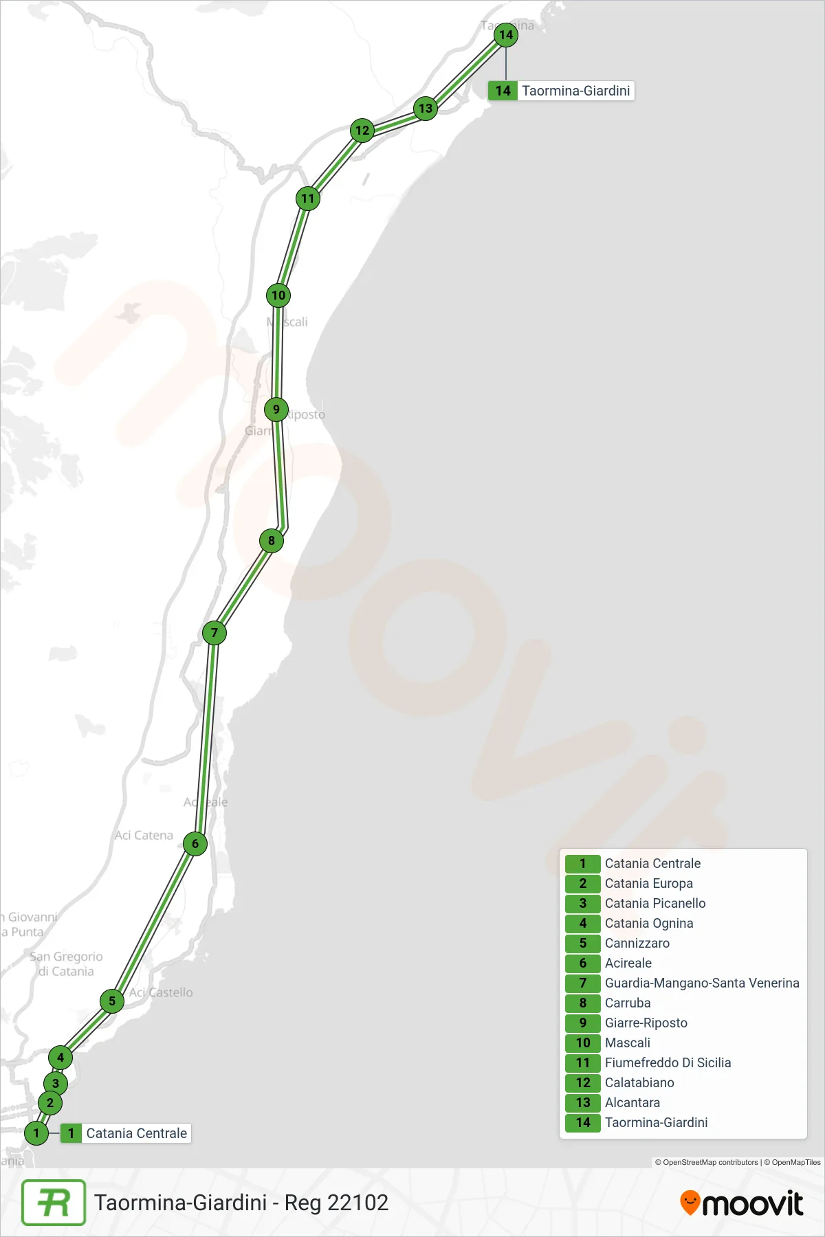 Linea REG treno (Taormina-Giardini - Reg 22102) - Percorsi e fermate sulla mappa