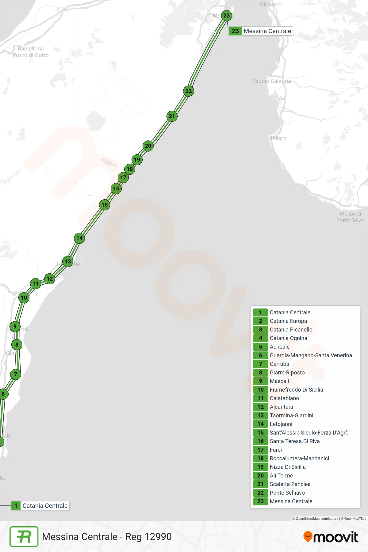 Linea REG treno (Messina Centrale - Reg 12990) - Percorsi e fermate sulla mappa