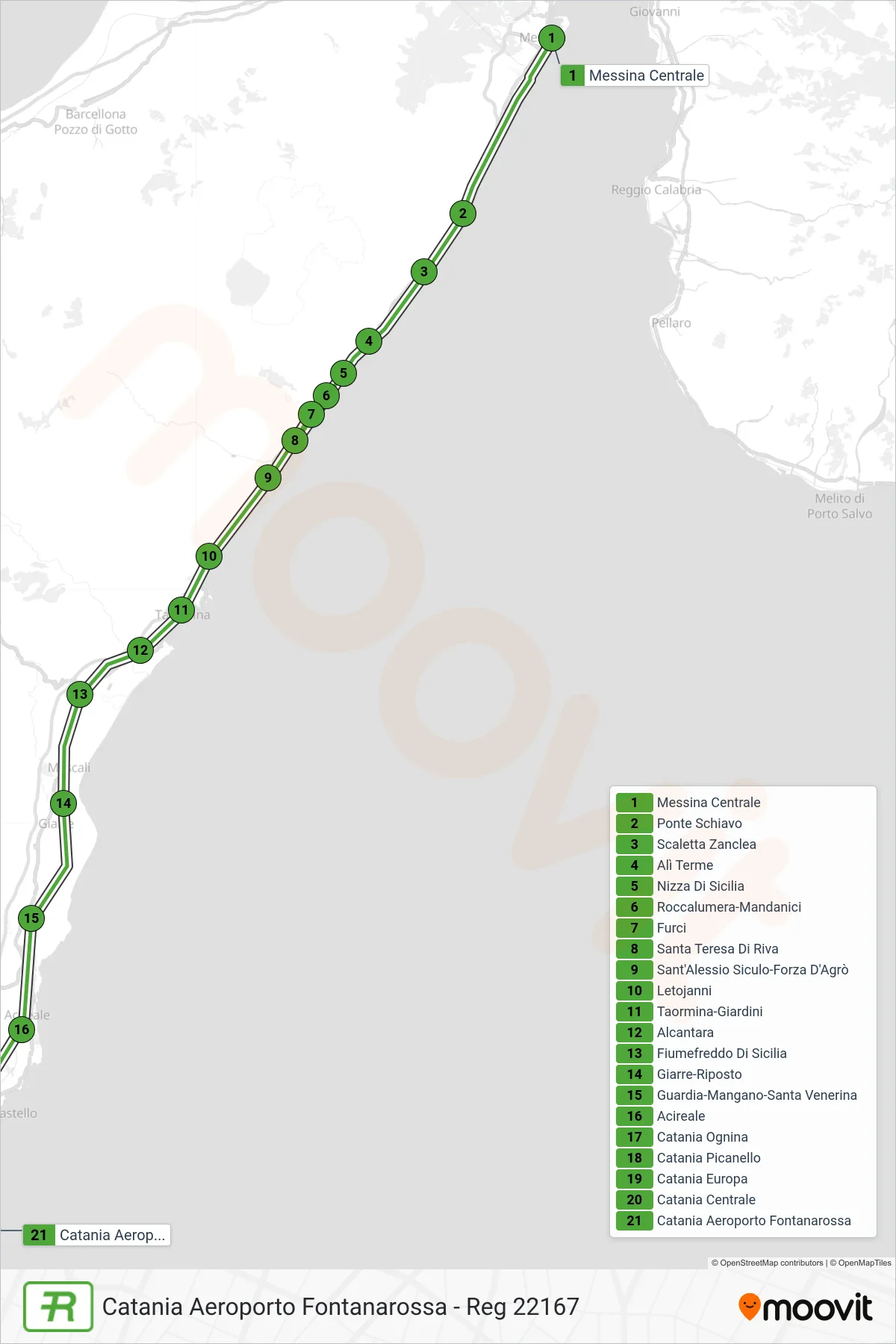 Linea REG treno (Catania Aeroporto Fontanarossa - Reg 22167) - Percorsi e fermate sulla mappa